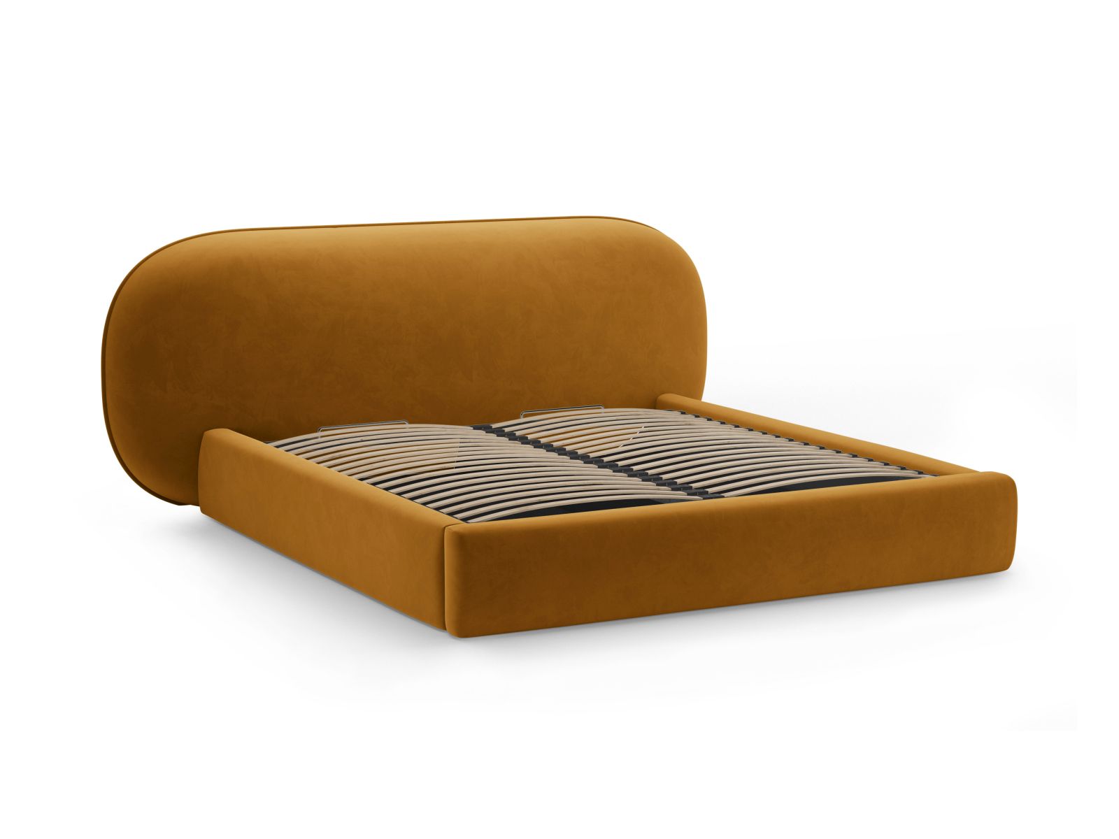 Modernes Ovalo Bett in 180 cm Breite, bietet cleveren Stauraum und ein ansprechendes Kopfteil in Mustard-Magic Velvet für stilvolle Schlafzimmer.