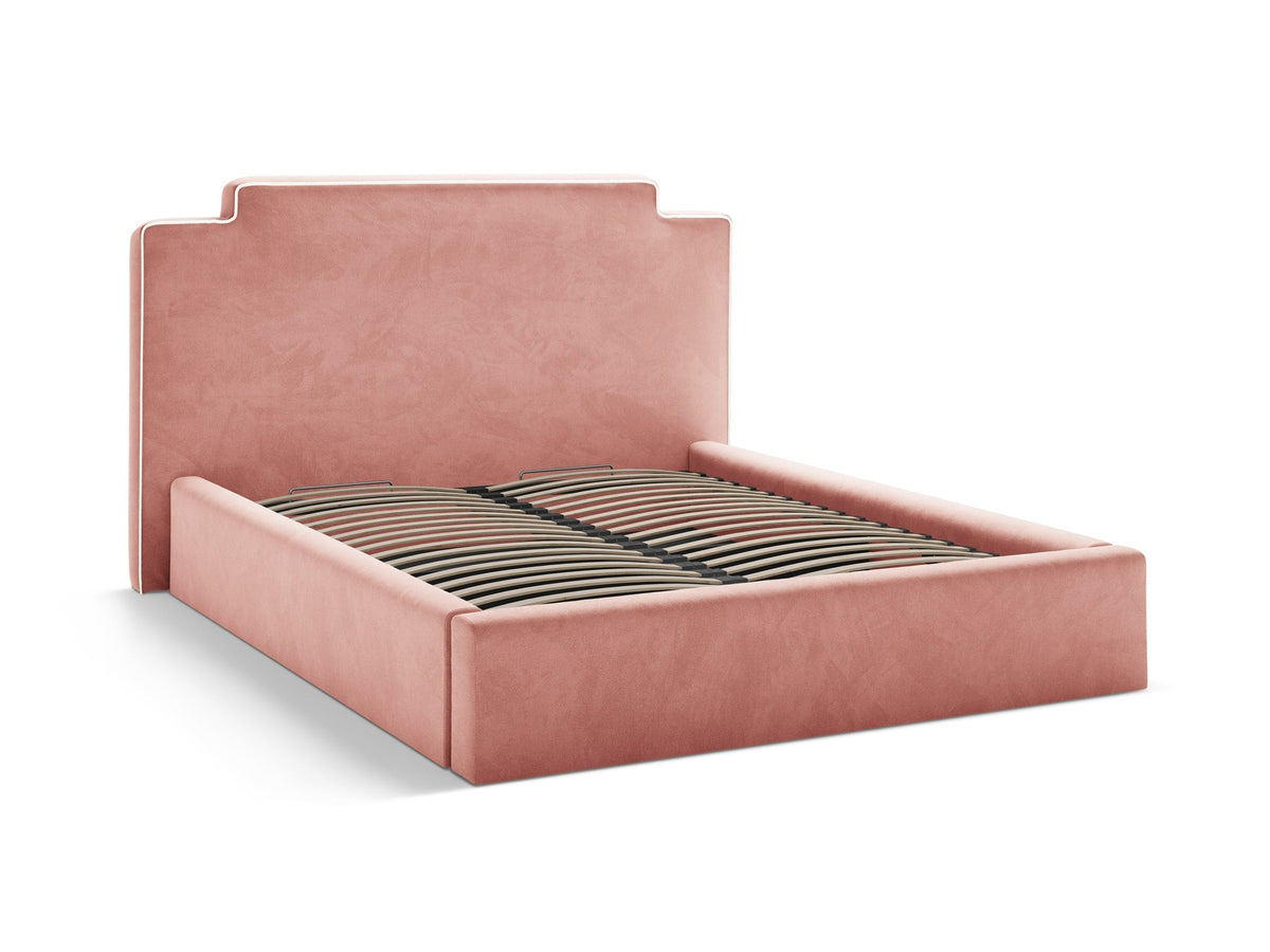 Samtbett Princess mit hohem Kopfteil, Bettkasten und Beinen aus Polypropylen, Farbe Elfenbein, Frontalansicht des Möbelstücks.