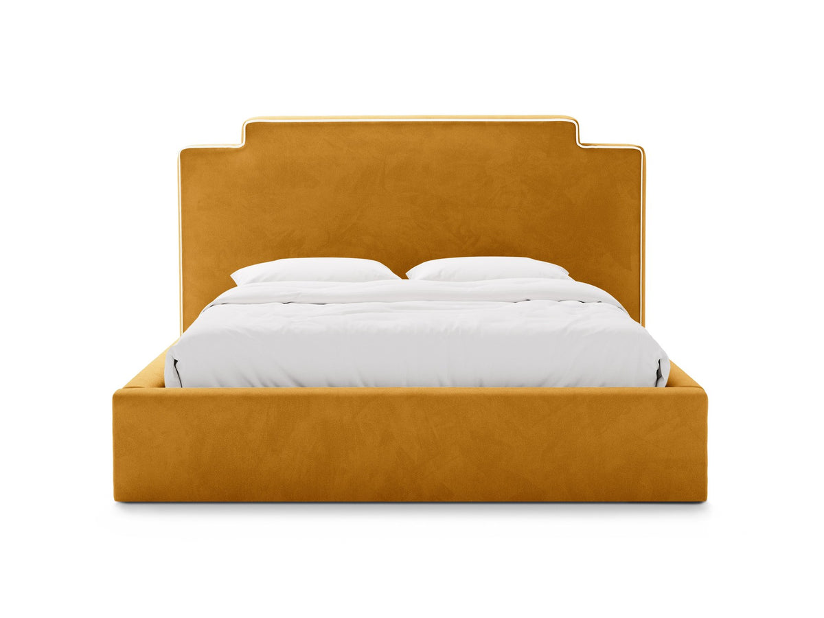 Samtbett Princess mit hohem Kopfteil, Bettkasten und Beinen aus Polypropylen, Farbe Elfenbein, Frontalansicht des Möbelstücks.