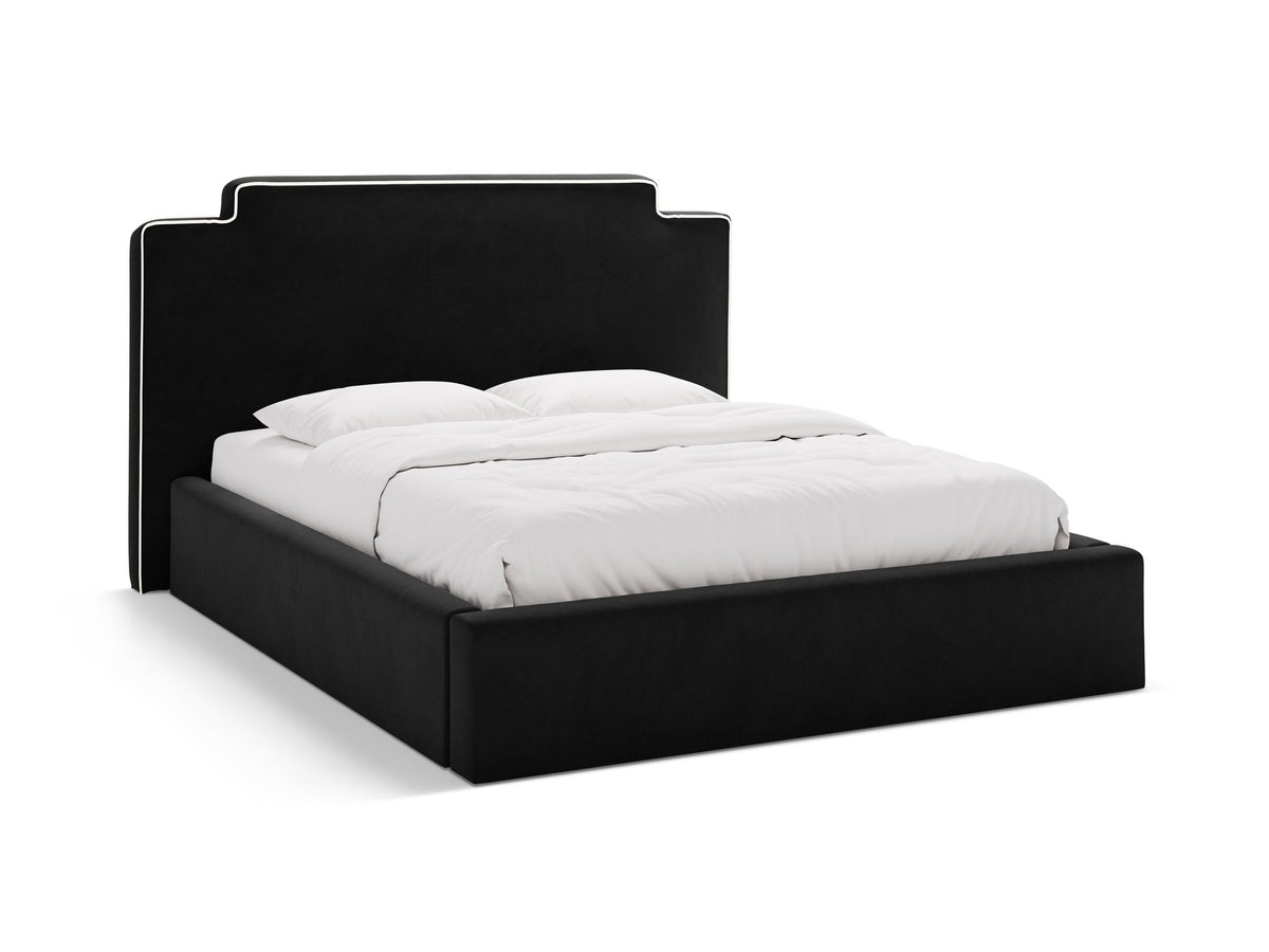 Samtbett Princess mit hohem Kopfteil, Bettkasten und Beinen aus Polypropylen, Farbe Elfenbein, Frontalansicht des Möbelstücks.