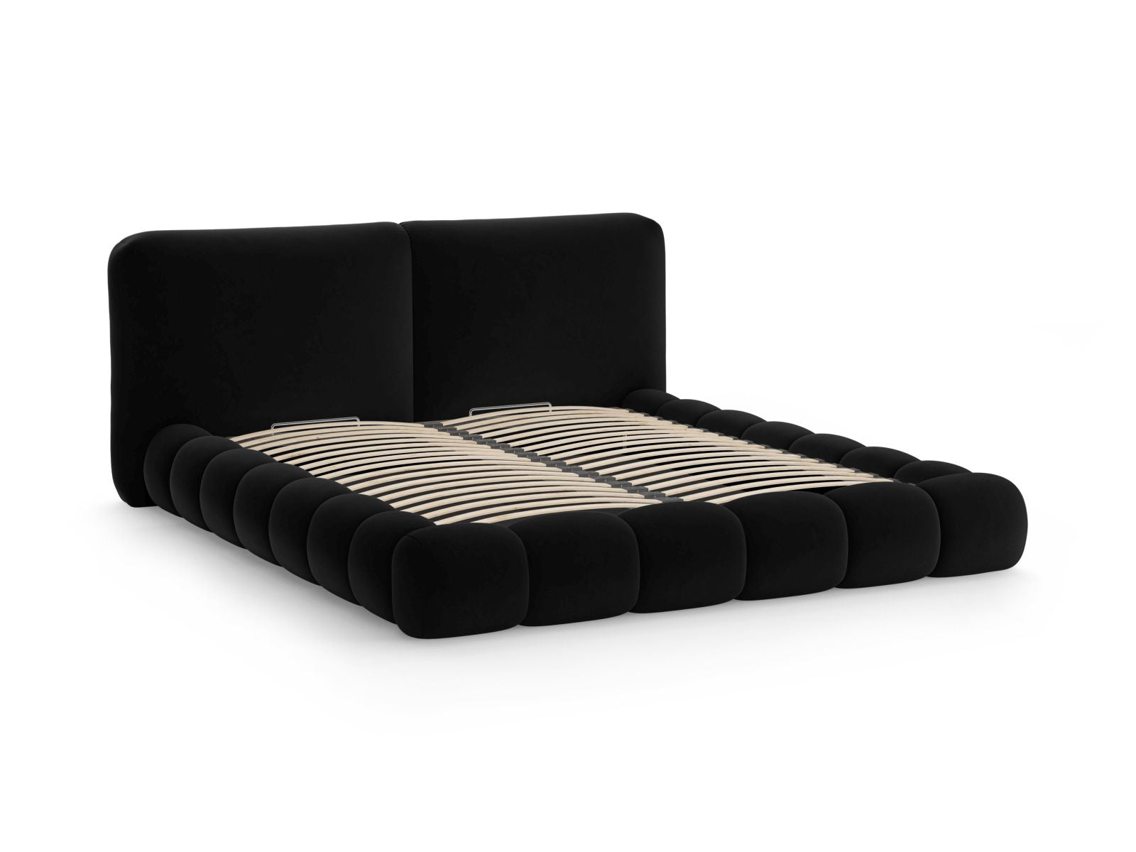 Elegantes Solange Bett mit 180 cm hohem Kopfteil und praktischem Stauraum, bezogen mit edlem Black-Magic Velvet für zeitlose Eleganz.