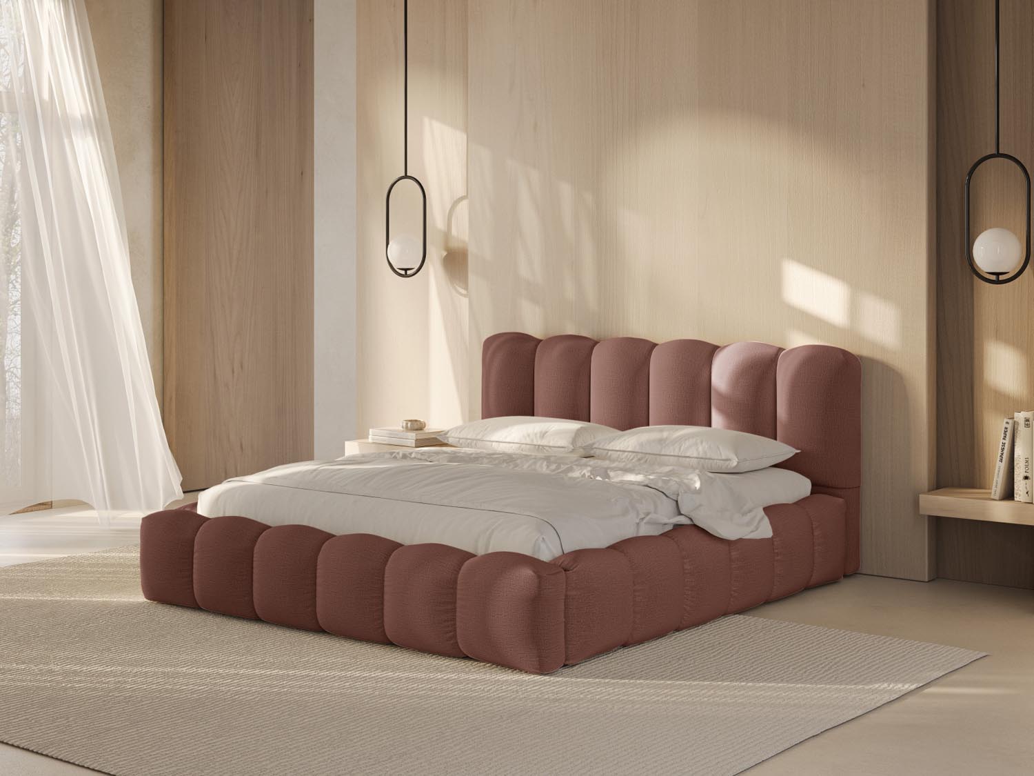 Elegantes Lupine Bett in Dunkelrosa mit praktischem Stauraum und stilvollem Kopfteil, ideal für moderne Schlafzimmer.