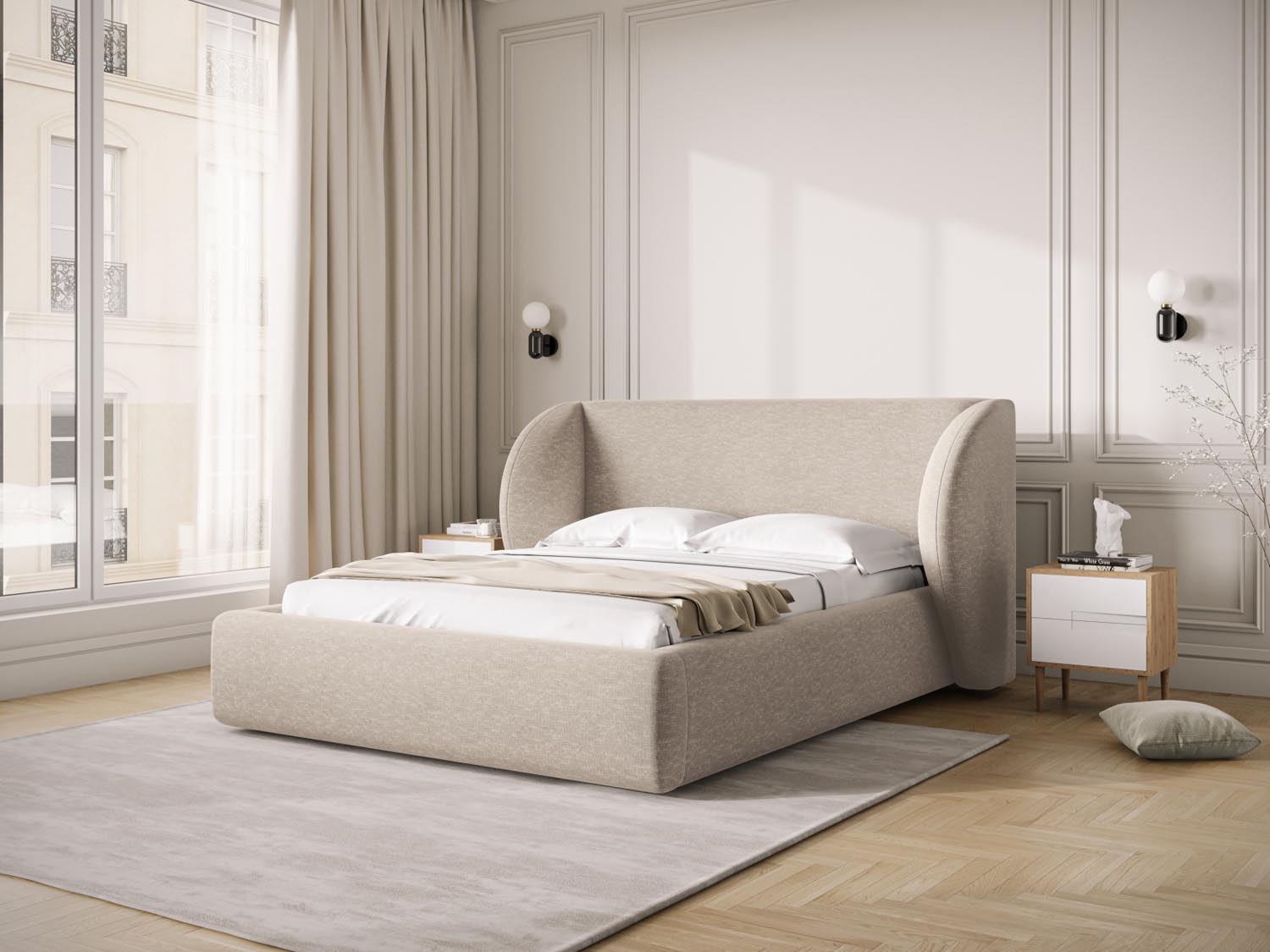 Elegantes Miley Bett mit praktischem Stauraum und stilvollem Headboard in Beige-Haga, ideal für modernes Wohnen.