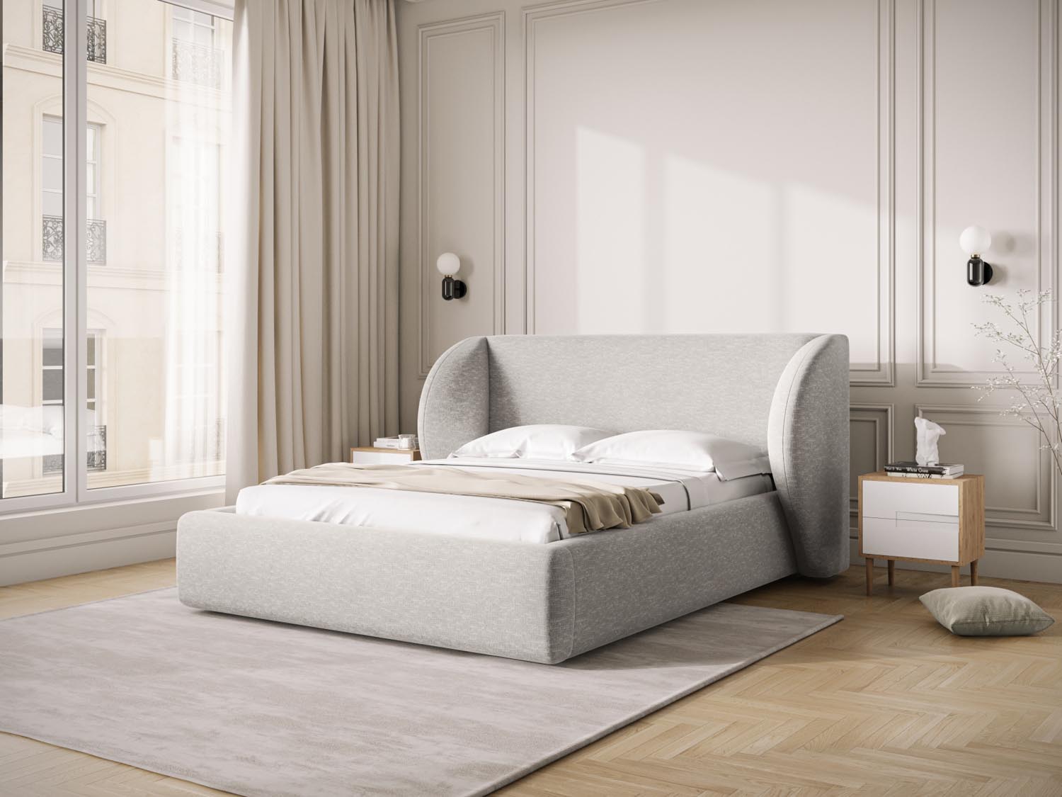 Elegantes Miley Bett in Light Grey mit praktischem Stauraum und stilvollem Headboard, ideal für moderne Schlafzimmer.