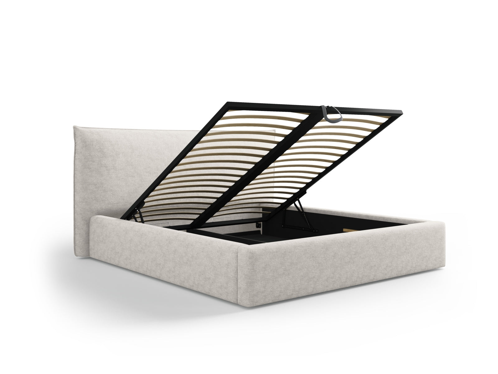 Elegantes Kaelle Bett in hellem Beige, ideal für stilvolle Schlafzimmer, bietet praktischen Stauraum und ein komfortables Kopfteil.