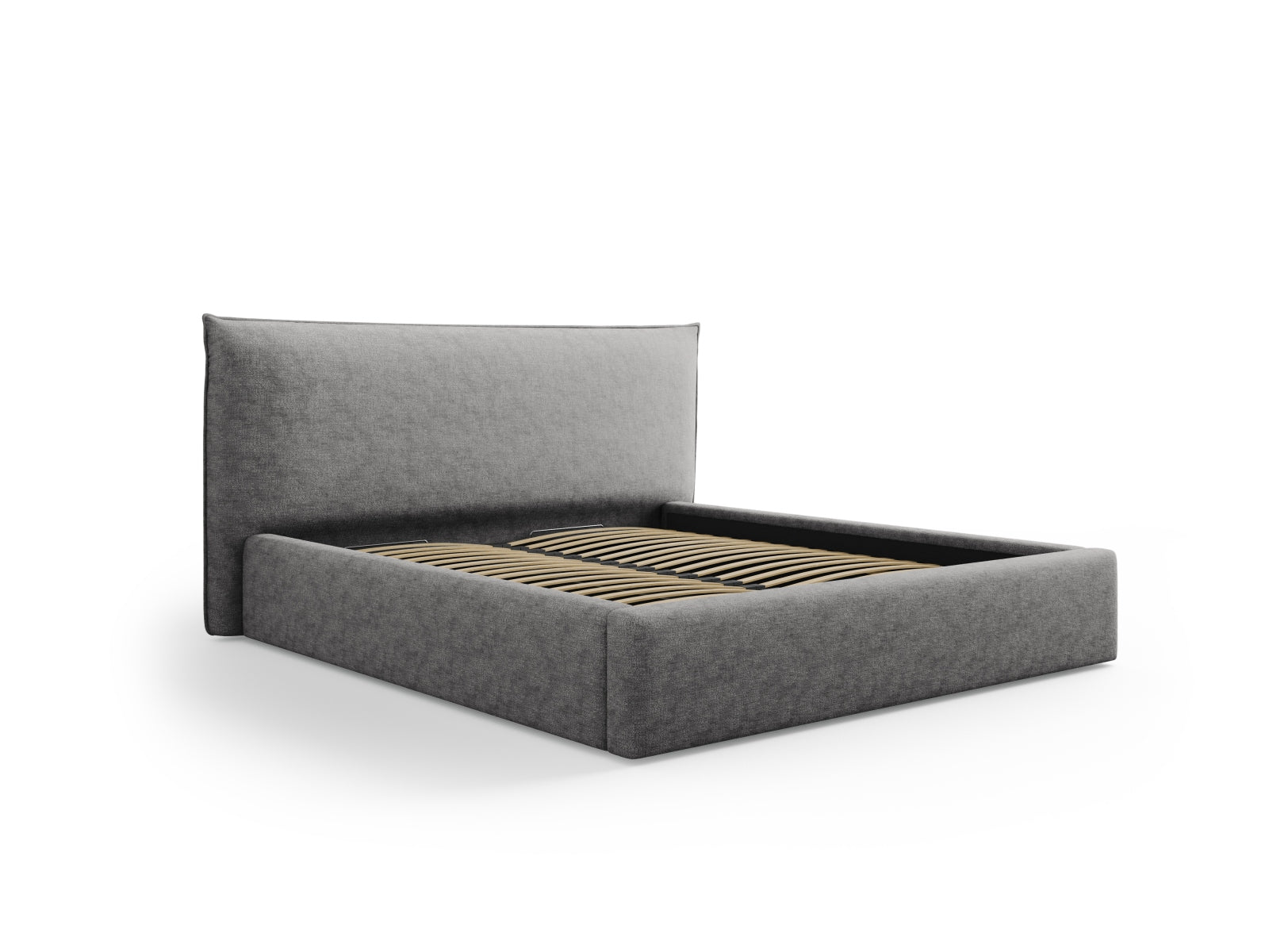 Elegantes Kaelle Bett mit 180 cm Breite, Stauraum und stilvollem Headboard in Silber, ideal für modernes Schlafzimmerdesign.