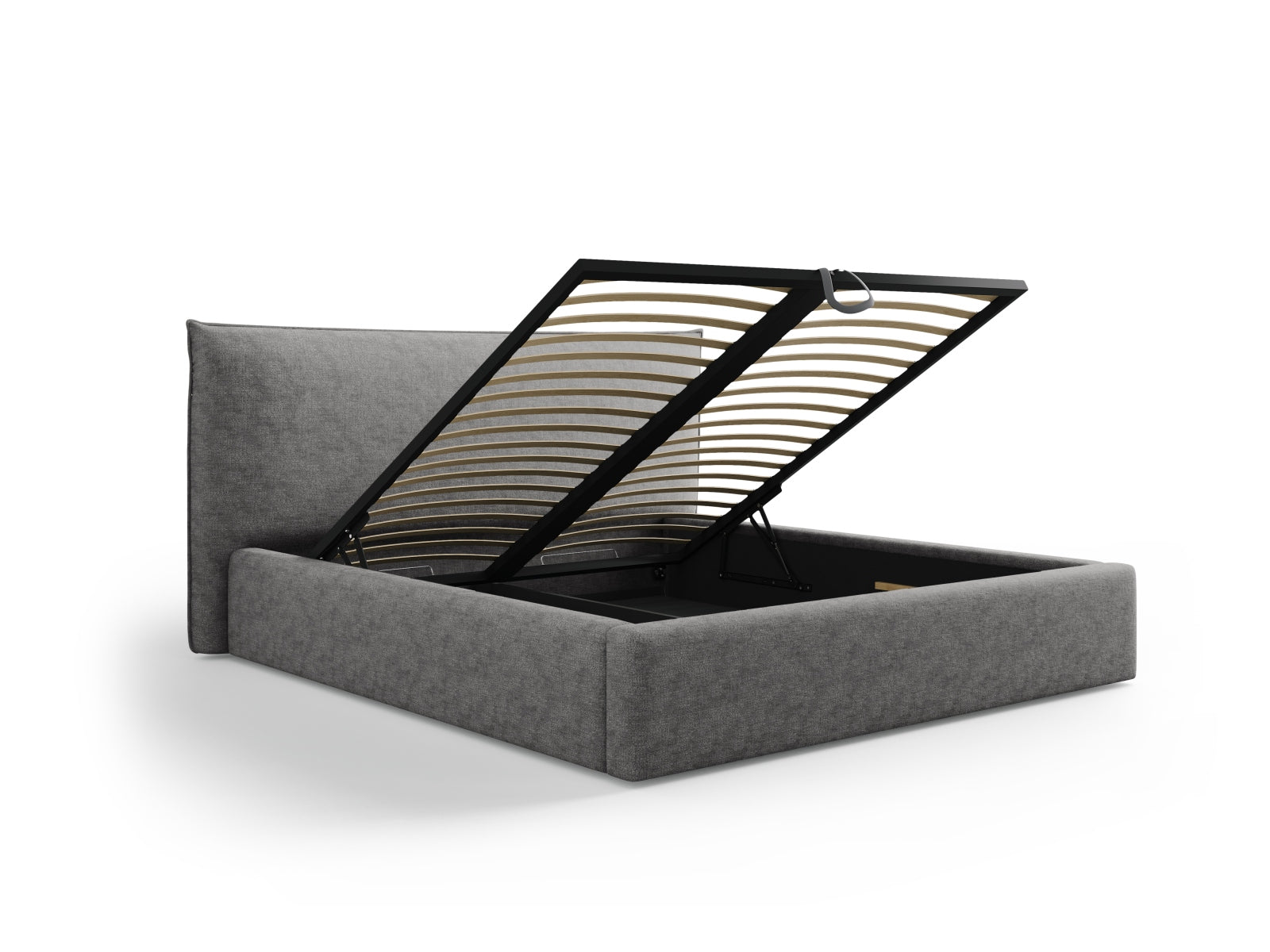 Elegantes Kaelle Bett mit 180 cm Breite, integriertem Stauraum und stilvollem Kopfteil in Silber, ideal für moderne Schlafzimmer.