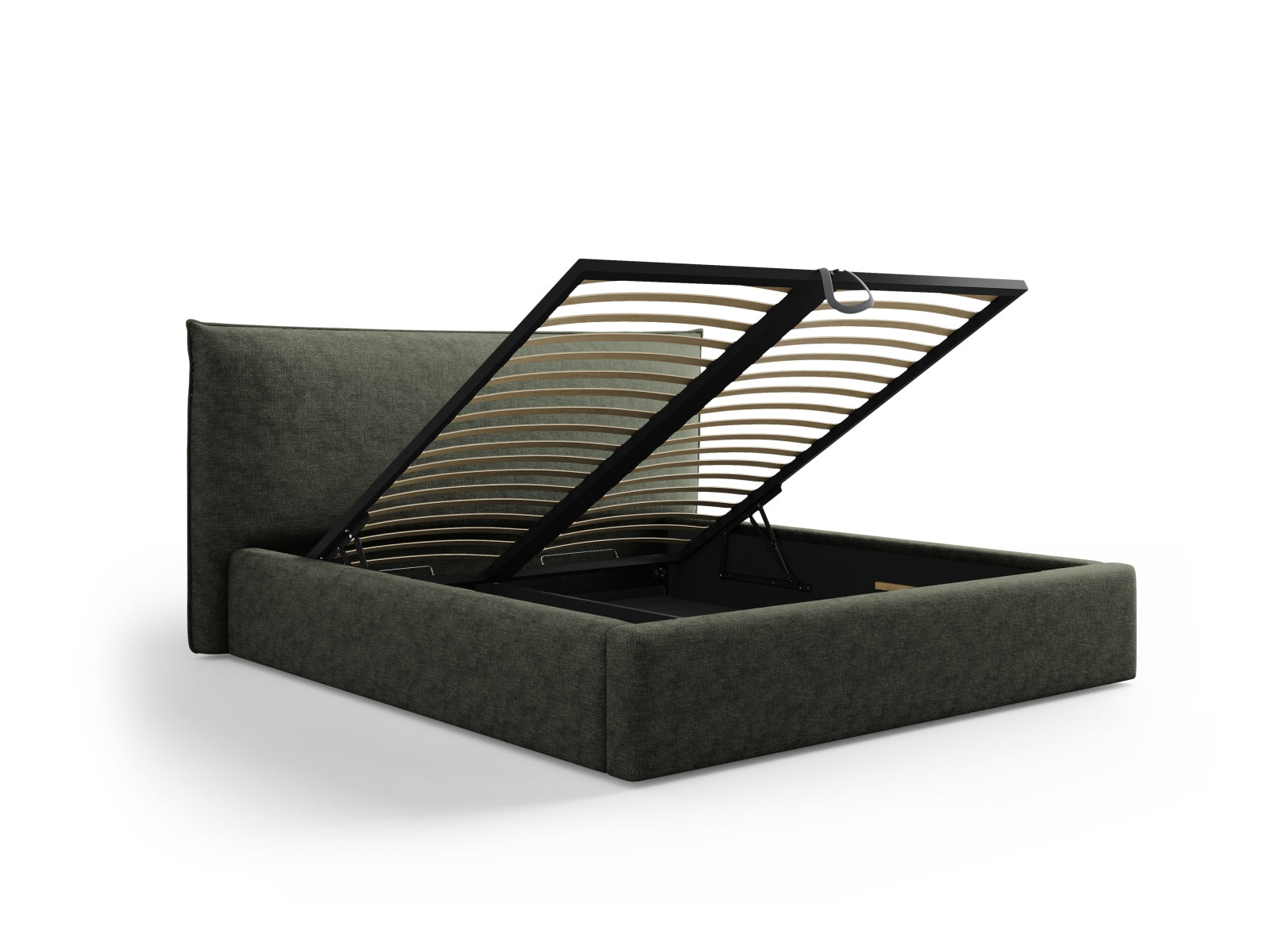 Elegantes Kaelle Bett mit 180 cm Breite, ausgestattet mit Stauraum und einem modernen Kopfteil in einem stilvollen Grünton.