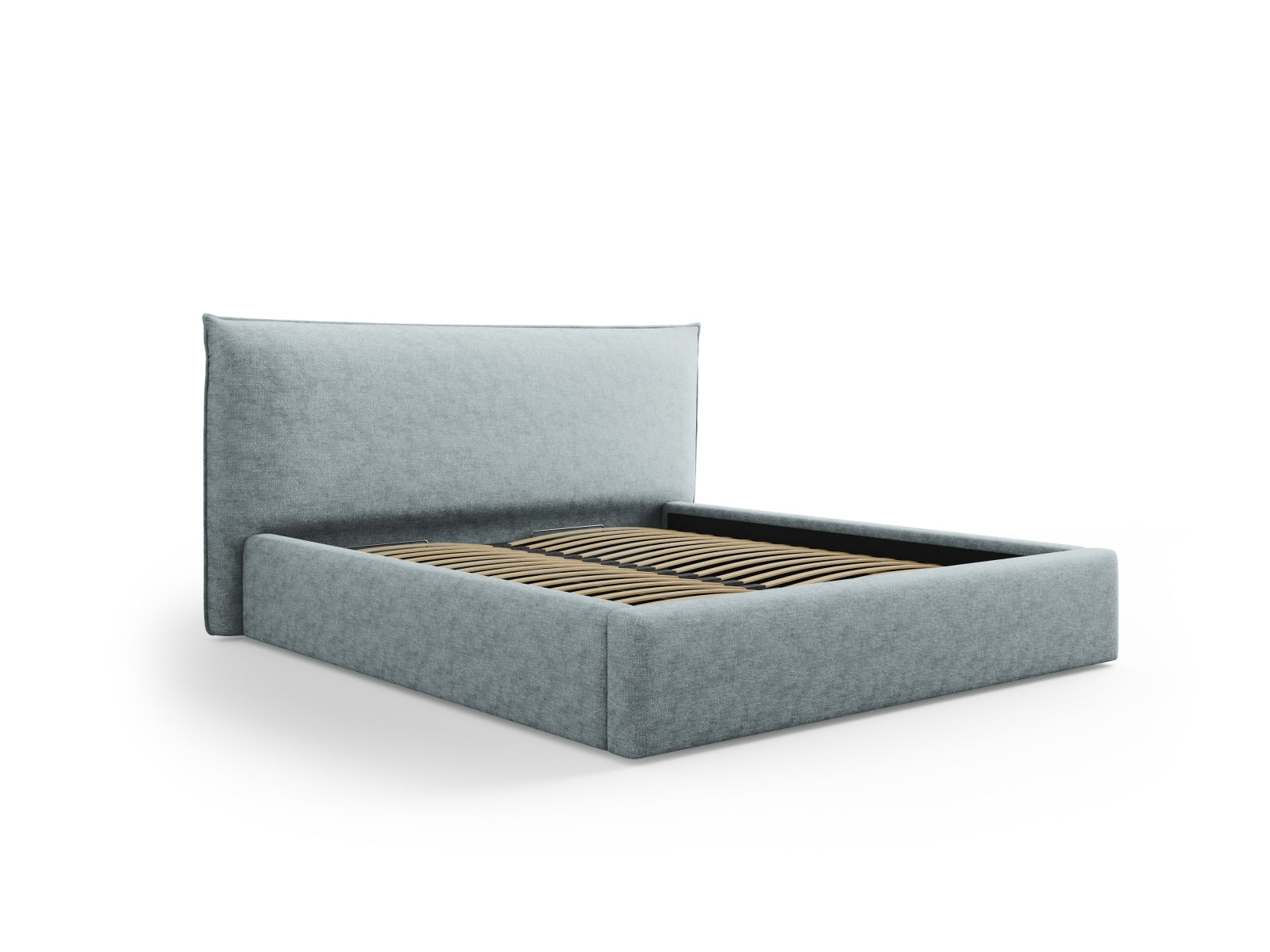 Elegantes Kaelle Bett in sanftem Hellblau mit praktischem Stauraum und stilvollem Headboard, ideal für moderne Schlafzimmer.