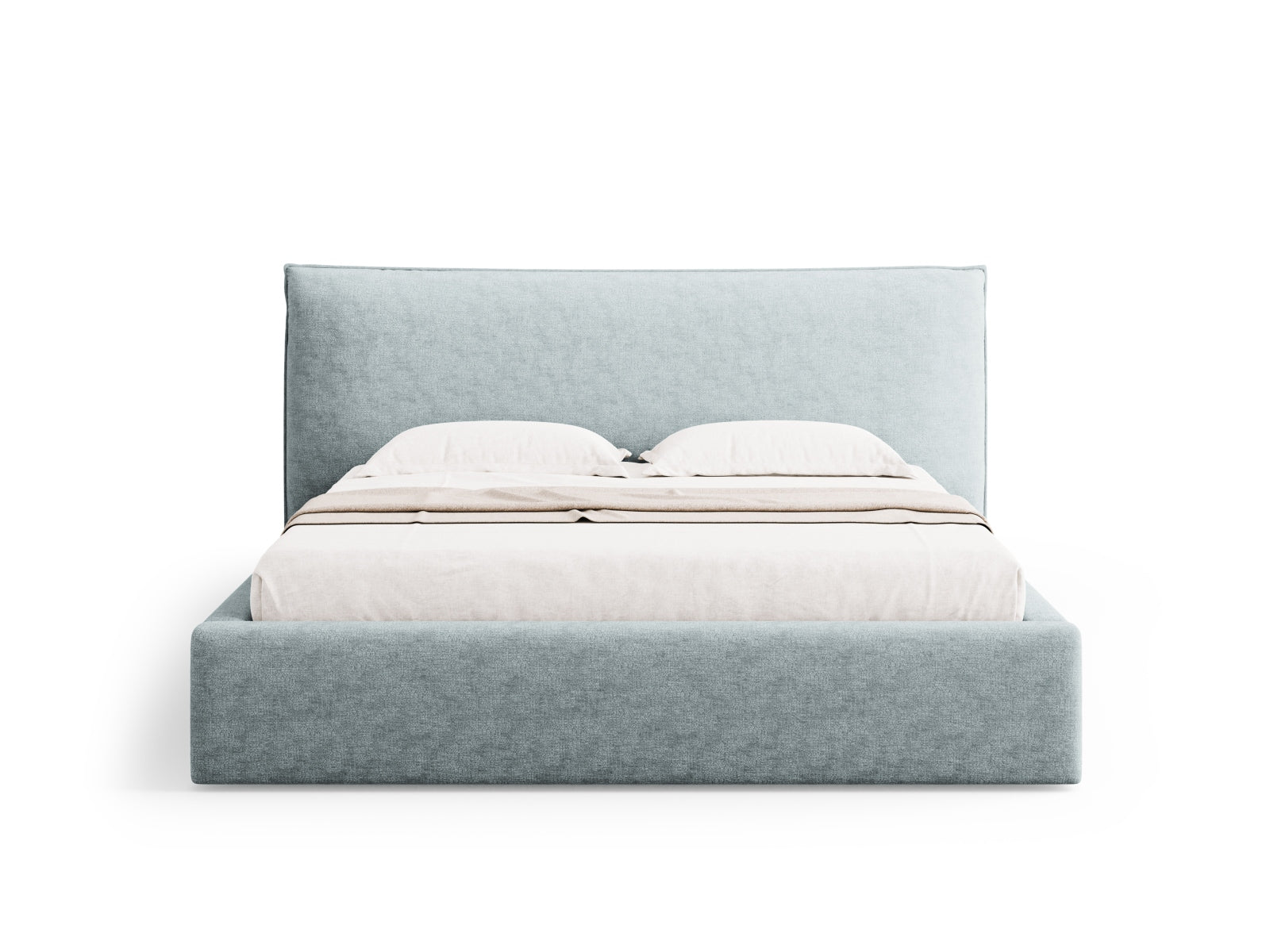 Stylisches Kaelle Bett in zartem Hellblau, ausgestattet mit praktischem Stauraum und einem eleganten Kopfteil für ein modernes Ambiente.