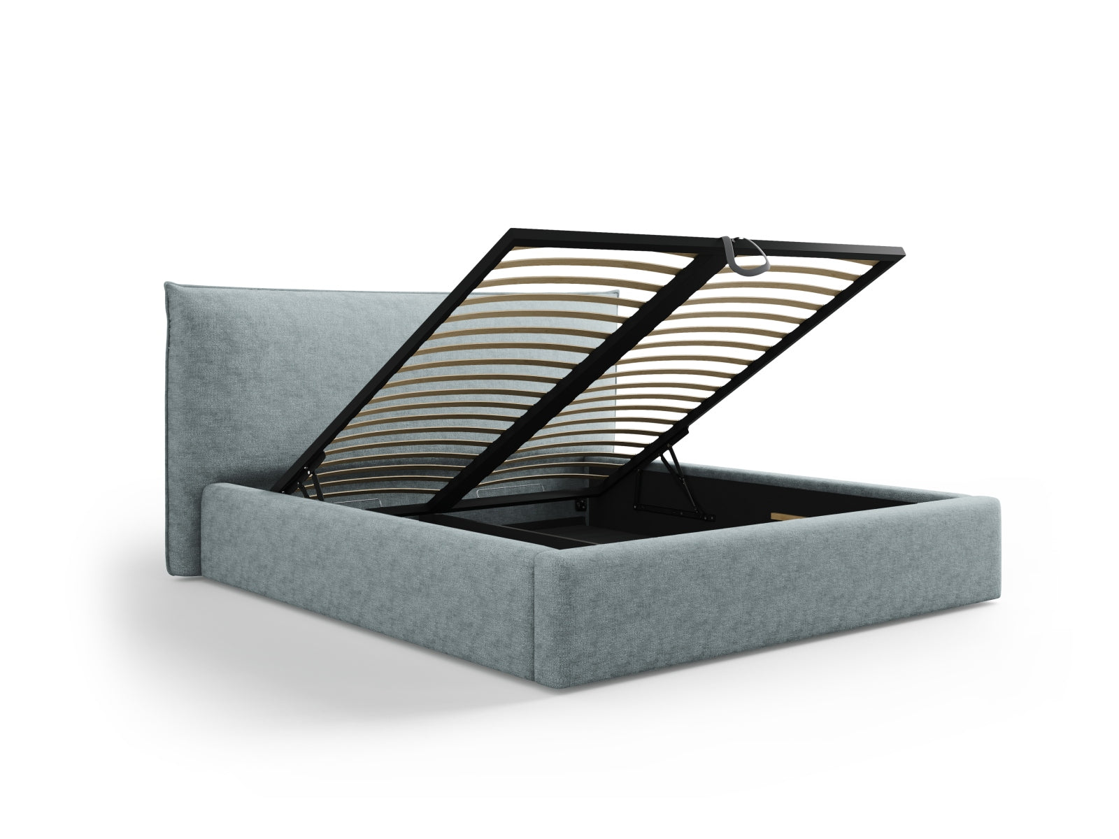 Elegantes Kaelle Bett in sanftem Hellblau, bietet cleveren Stauraum und ein geschmackvolles Kopfteil für stilvolle Schlafzimmer.