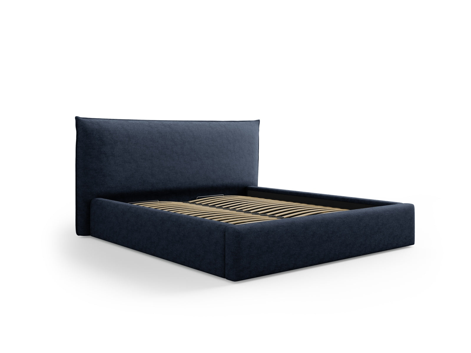 Elegantes Kaelle Bett in Dunkelblau mit praktischem Stauraum und stilvollem Headboard, ideal für moderne Schlafzimmer.