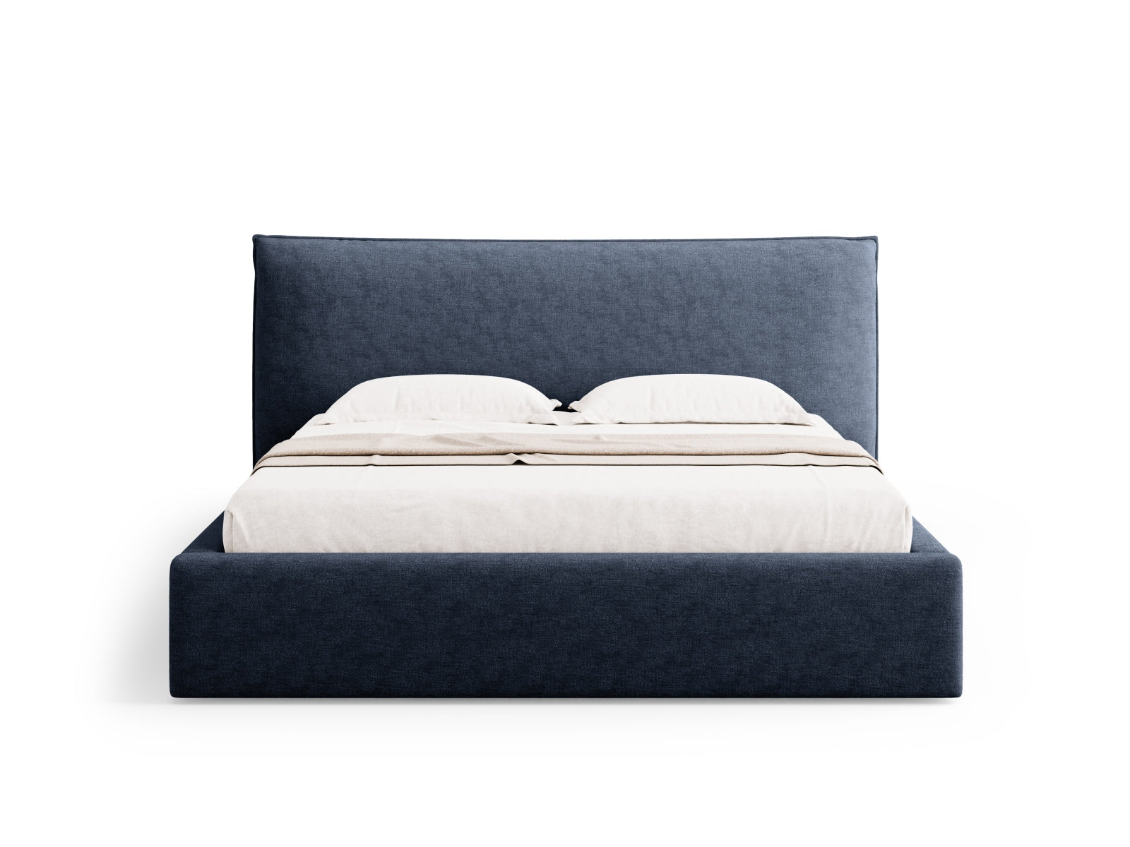 Stylisches Kaelle Bett in tiefem Blau, ausgestattet mit praktischem Stauraum und einem eleganten Kopfteil für zeitgemäße Schlafzimmer.