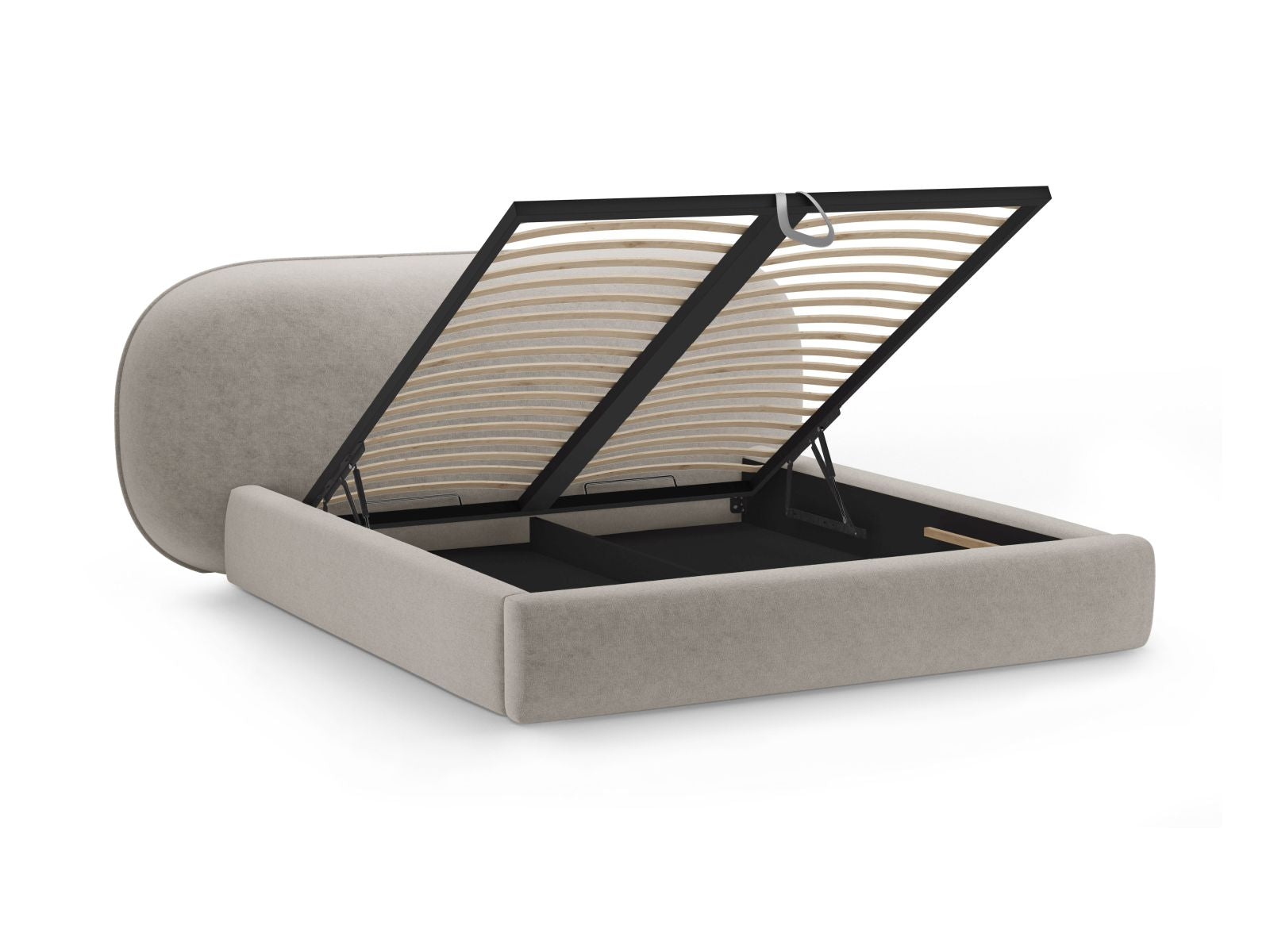 Modernes Ovalo Bett mit 180 cm Kopfteil und praktischem Stauraum in edlem Beige, ideal für stilvolle Schlafzimmergestaltung.