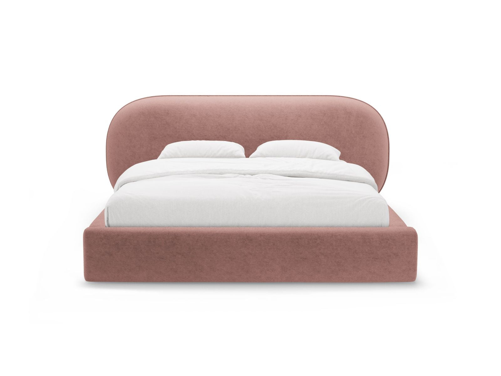 Elegantes Ovalo Bett mit 180 cm Breite, Stauraum und stilvollem Kopfteil in sanften Farben, ideal für modernes Wohnen.