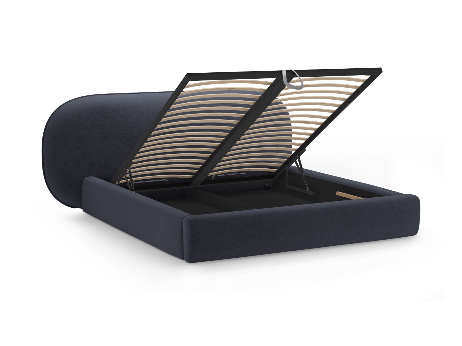 Elegantes Ovalo Bett in Dunkelblau, 180 cm breit, mit integriertem Stauraum und stilvollem Kopfteil für ein modernes Schlafzimmer.