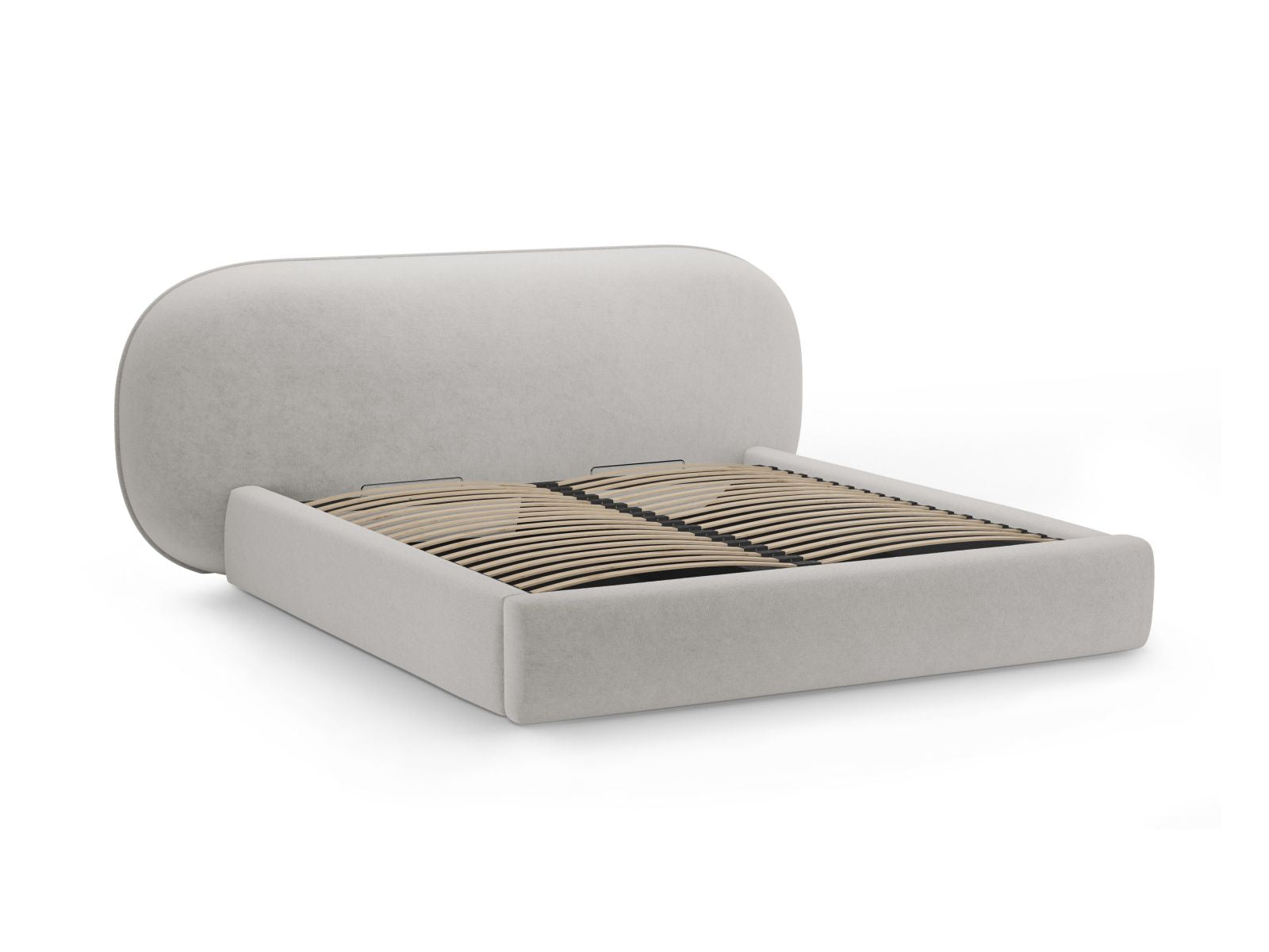 Modernes Ovalo Bett in hellem Grau, ausgestattet mit praktischem Stauraum und einem ansprechenden Kopfteil, perfekt für stilvolle Schlafzimmer.