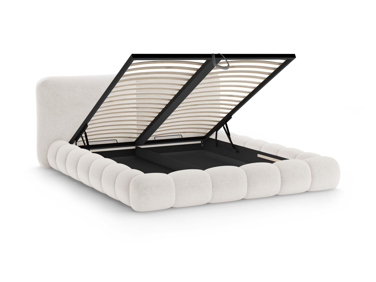 Modernes Solange Bett mit 180 cm hohem Kopfteil und integriertem Stauraum in einem sanften Beigeton, perfekt für funktionale und stilvolle Schlafzimmer.