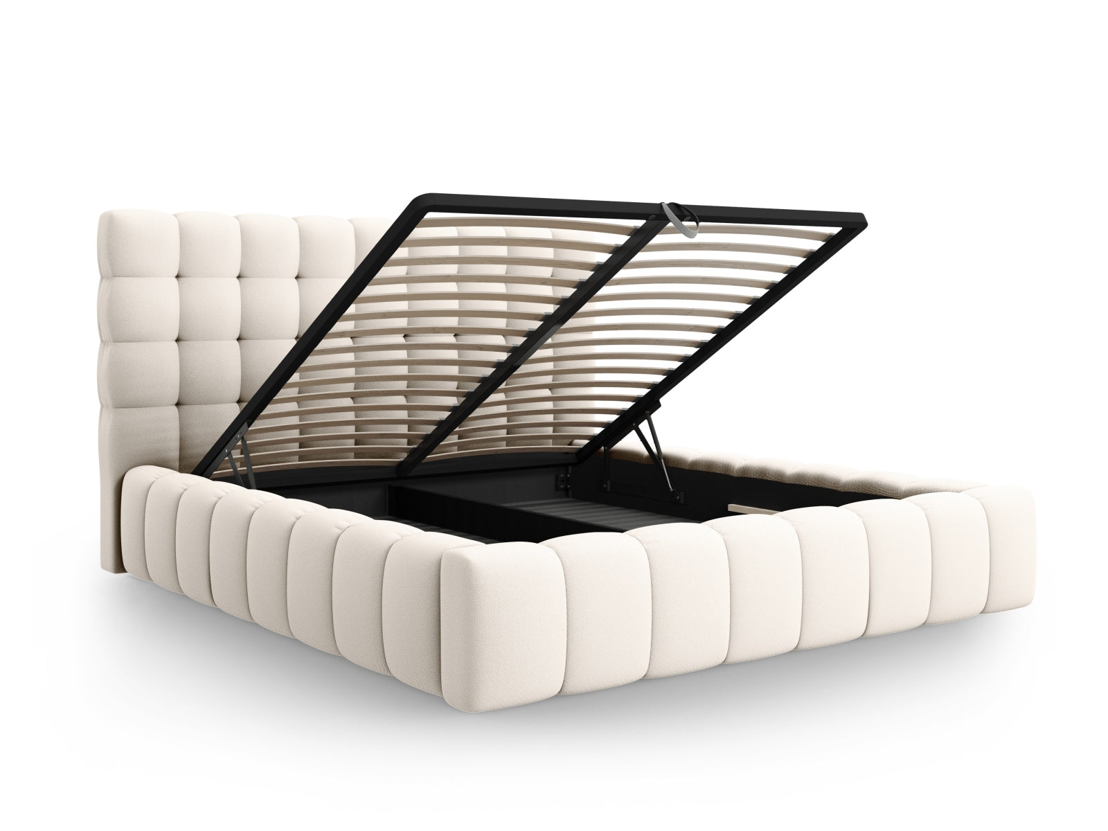 Stilvolles Mamaia Bett in sanftem Beige mit praktischem Stauraum und modernem Kopfteil, ideal für ein elegantes Schlafzimmer.