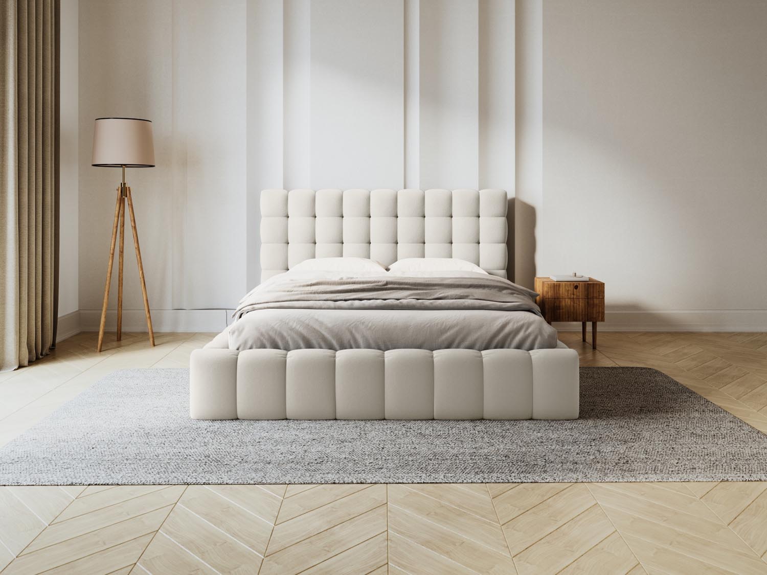 Elegantes Mamaia Bett in Light Beige mit praktischem Stauraum und stilvollem Headboard, ideal für moderne Schlafzimmer.