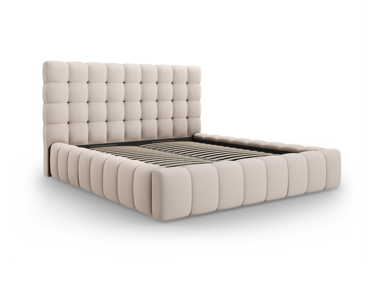 Stilvolles Mamaia Bett in Beige und Schwarz, ausgestattet mit praktischem Stauraum und einem eleganten Kopfteil für zeitgemäße Schlafzimmer.