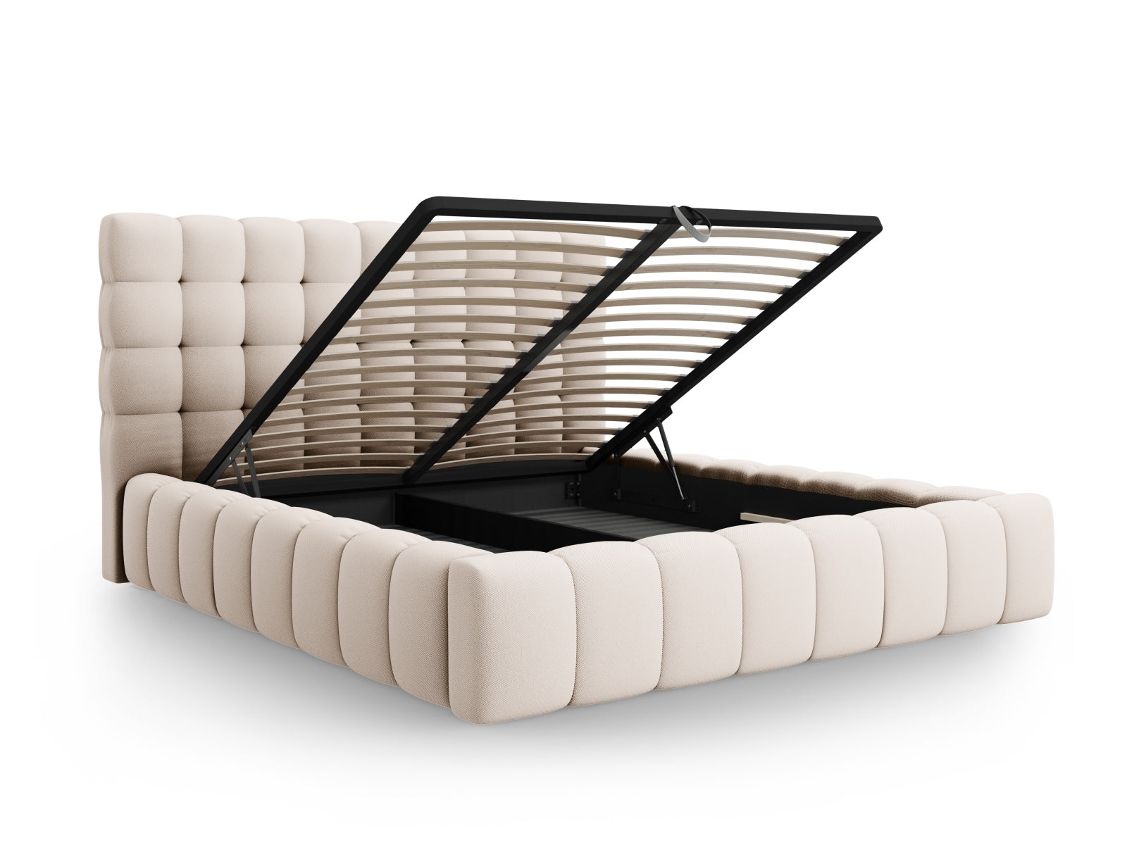 Modernes Mamaia Bett in Beige und Schwarz, ausgestattet mit praktischem Stauraum und einem ansprechenden Kopfteil für ein stilvolles Ambiente.