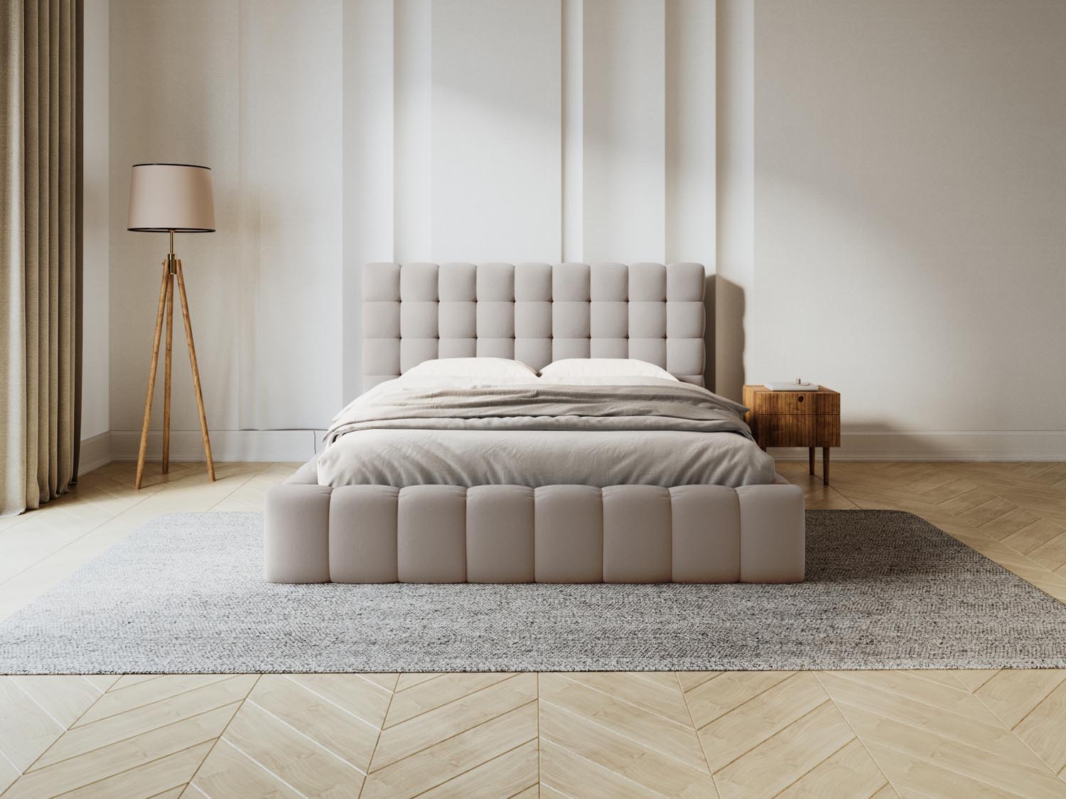 Elegantes Mamaia Bett in Beige und Schwarz mit praktischem Stauraum und stilvollem Headboard, ideal für moderne Schlafzimmer.