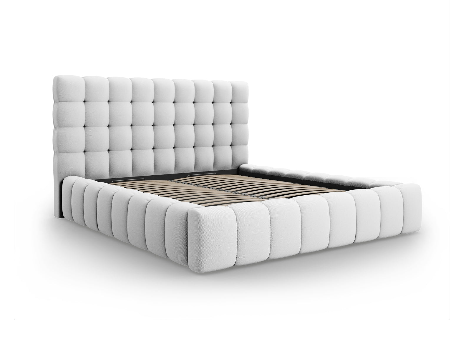 Stylisches Mamaia Bett mit großzügigem Stauraum und modernem Kopfteil in Hellgrau und Schwarz, perfekt für jedes Schlafzimmer.