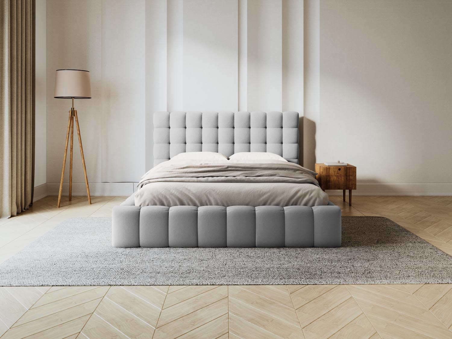 Elegantes Mamaia Bett mit praktischem Stauraum und stilvollem Headboard in Light Grey/Schwarz-Neve, ideal für modernes Wohnen.