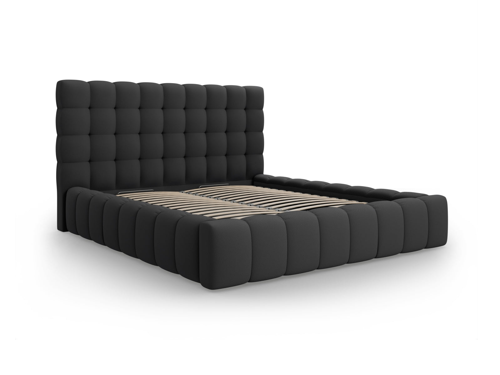 Stylisches Mamaia Bett mit großzügigem Stauraum und ansprechendem Kopfteil in Dunkelgrau, perfekt für zeitgemäße Schlafräume.