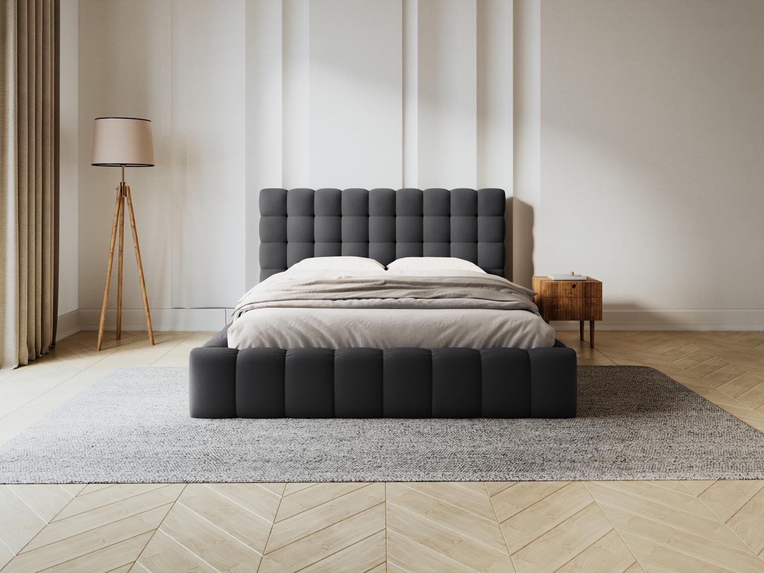 Entdecken Sie das stilvolle Mamaia Bett mit Stauraum und Headboard von Micadoni. Ideal für modernes Wohnen und optimalen Schlafkomfort.