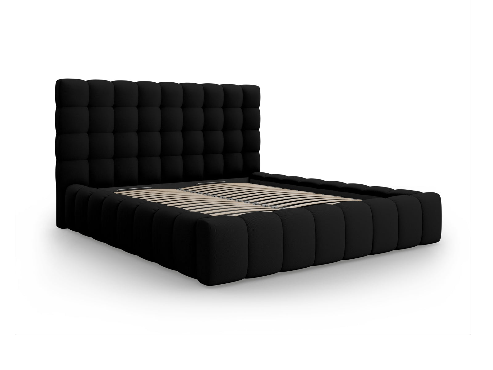 Stylisches Mamaia Bett mit 180 cm Breite, ausgestattet mit praktischem Stauraum und einem eleganten Kopfteil in Schwarz, perfekt für jedes Schlafzimmer.