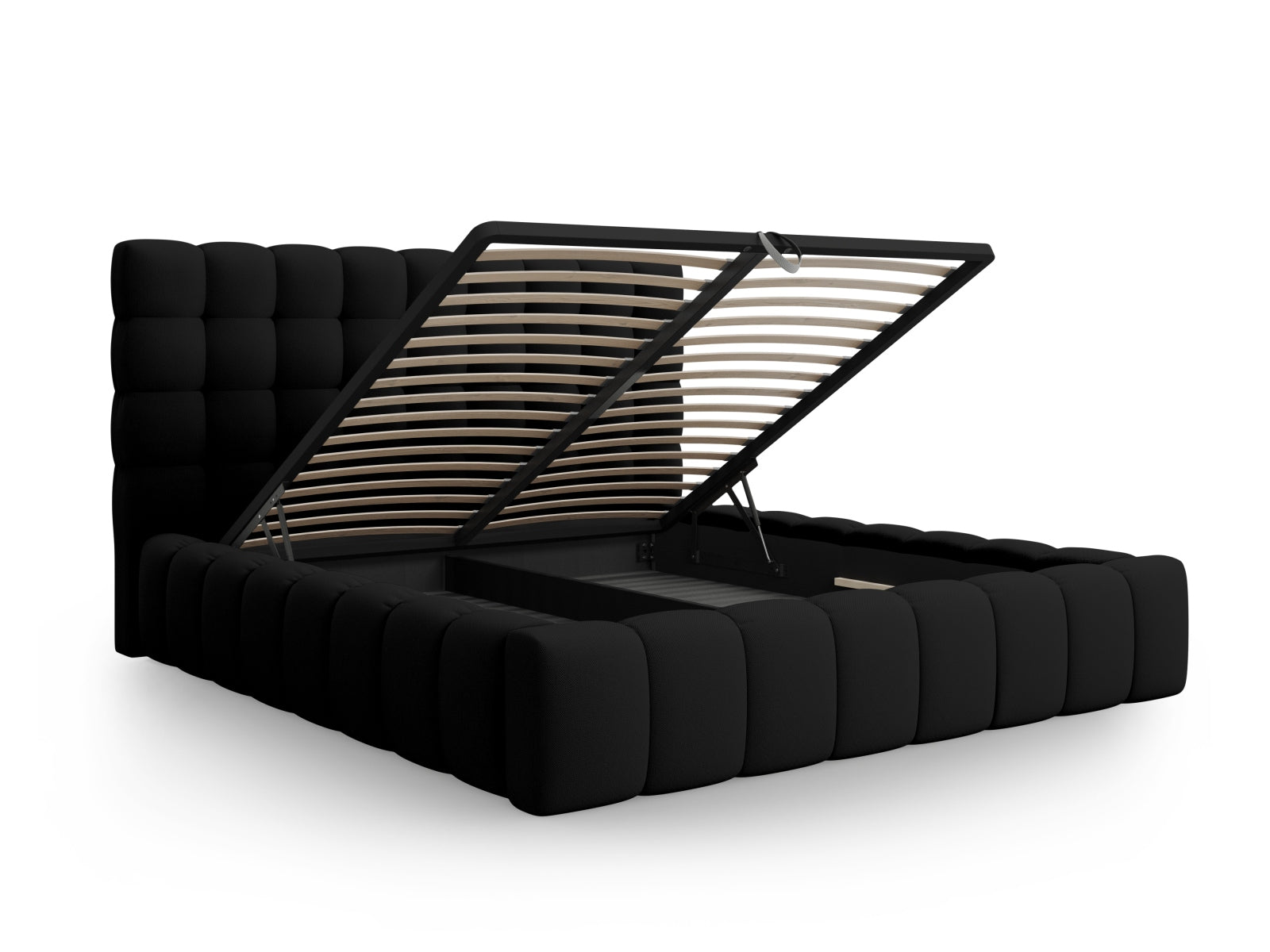 Elegantes Mamaia Bett mit 180 cm Breite, ausgestattet mit praktischem Stauraum und einem stilvollen Kopfteil in Schwarz, perfekt für moderne Schlafzimmer.