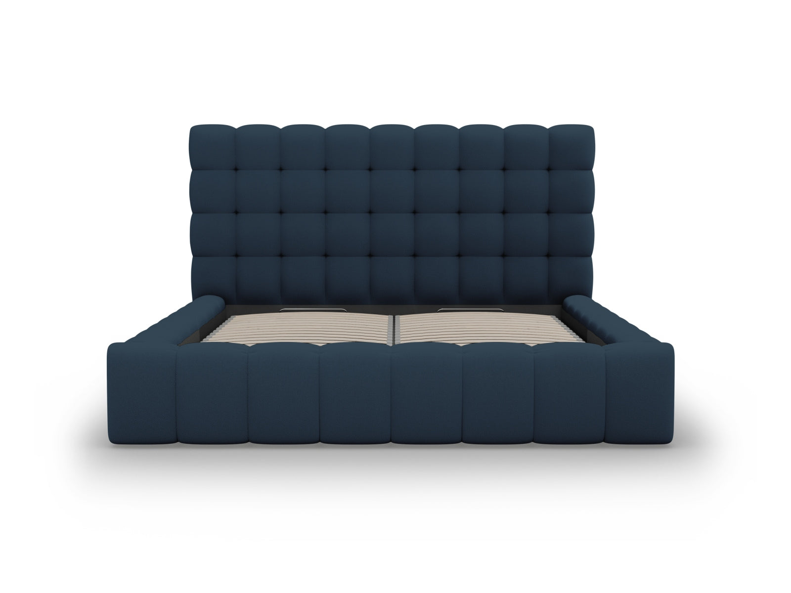 Elegantes Mamaia Bett in Blau und Schwarz, bietet großzügigen Stauraum und ein modernes Kopfteil für ein stilvolles Schlafzimmer.