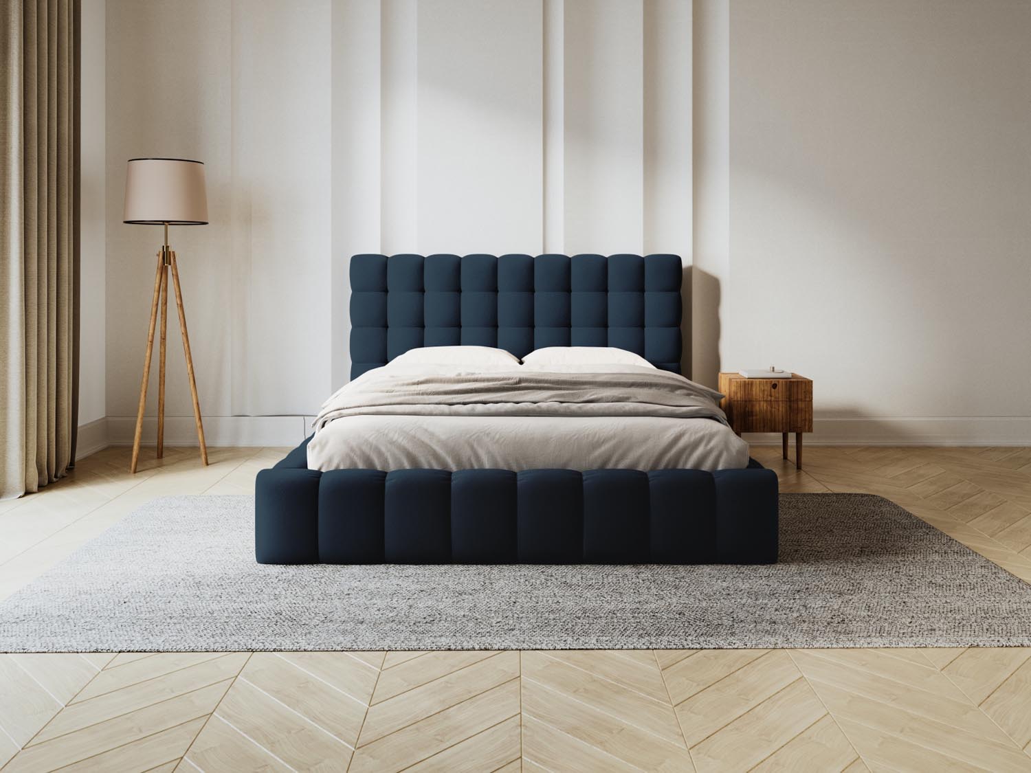 Elegantes Mamaia Bett in Blau und Schwarz mit praktischem Stauraum und stilvollem Headboard, ideal für moderne Schlafzimmer.