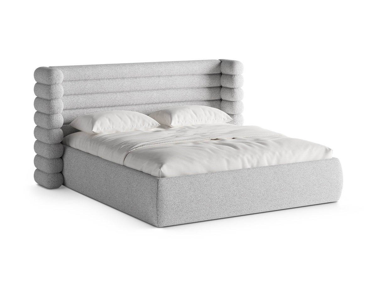 Stauraumbett Mount mit gepolstertem Kopfteil, Rahmen aus massiver Kiefer und MDF, Beine aus schwarzem Polypropylen, Bettkasten mit Gaslift-Mechanik.