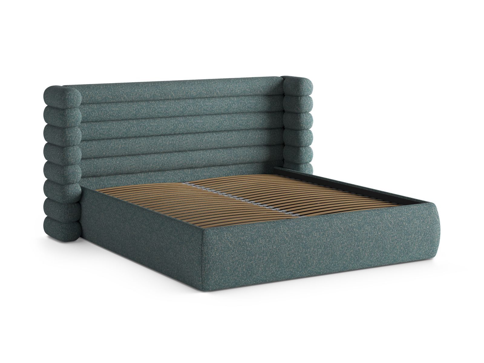 Elegantes Mount Bett mit 180 cm Breite, ausgestattet mit praktischem Stauraum und einem ansprechenden Kopfteil in Blue Melange-Puente.