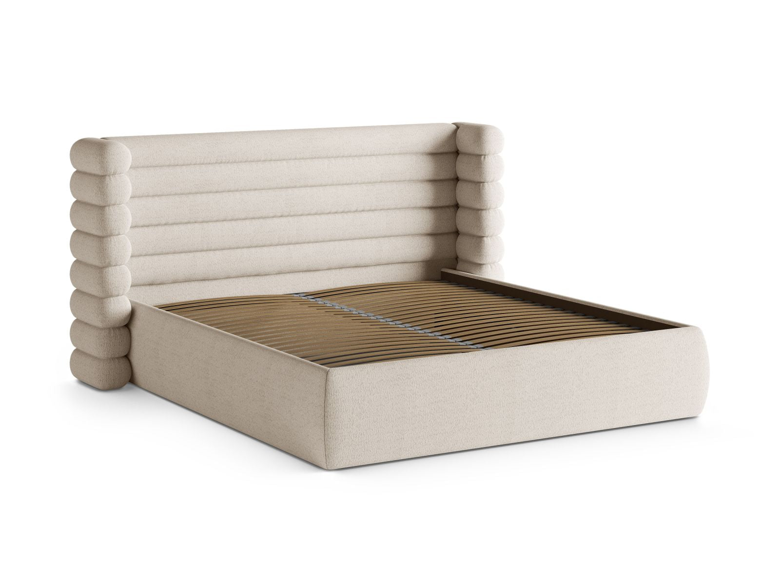 Modernes Mount Bett in elegantem Beige, bietet cleveren Stauraum und ein geschmackvolles Kopfteil für stilvolle Schlafzimmer.