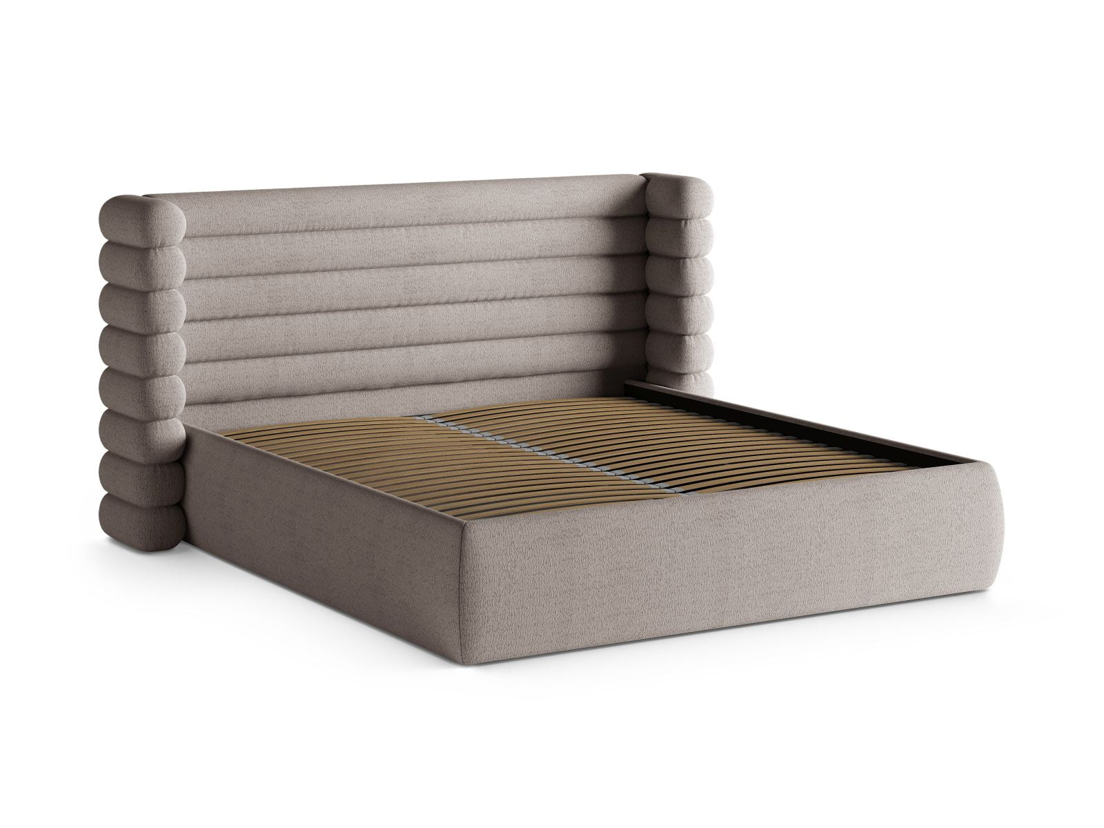 Stylisches Mount Bett in Warm Grey, ausgestattet mit einem eleganten Kopfteil und cleverem Stauraum für ein aufgeräumtes Schlafzimmer.