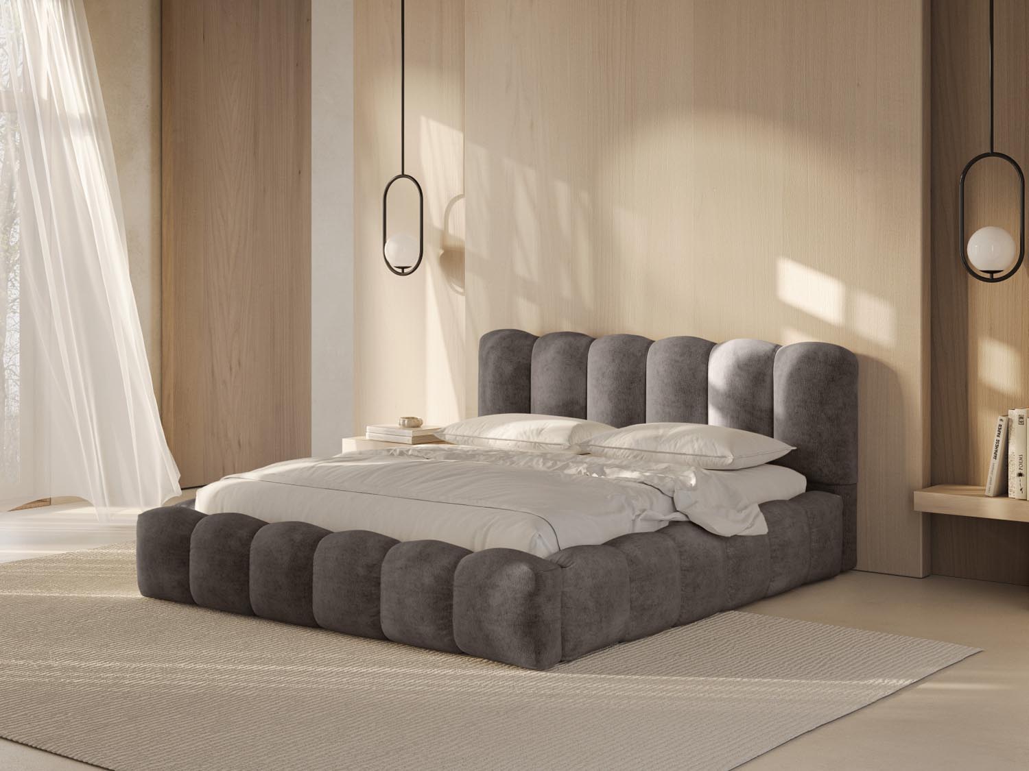 Entdecken Sie das stilvolle Lupine Bett mit Stauraum und Headboard von Micadoni. Ideal für modernes Wohnen und optimalen Schlafkomfort.