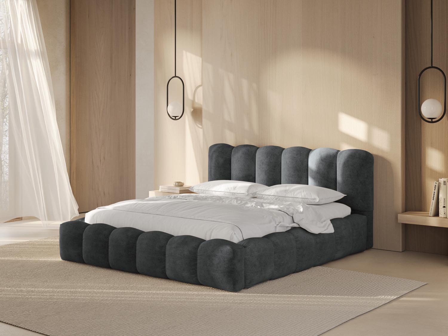 Elegantes Lupine Bett mit praktischem Stauraum und stilvollem Headboard in 180 cm Breite, ideal für moderne Schlafzimmer.