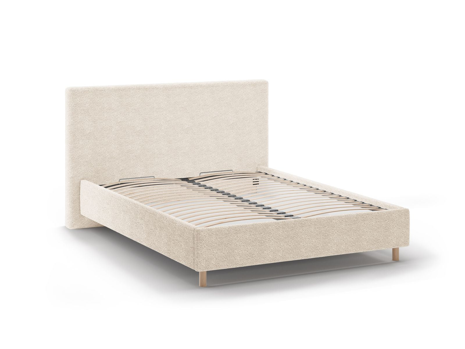 Elegantes Eloise Bett in hellem Beige, ausgestattet mit praktischem Stauraum und einem geschmackvollen Kopfteil für moderne Schlafzimmer.