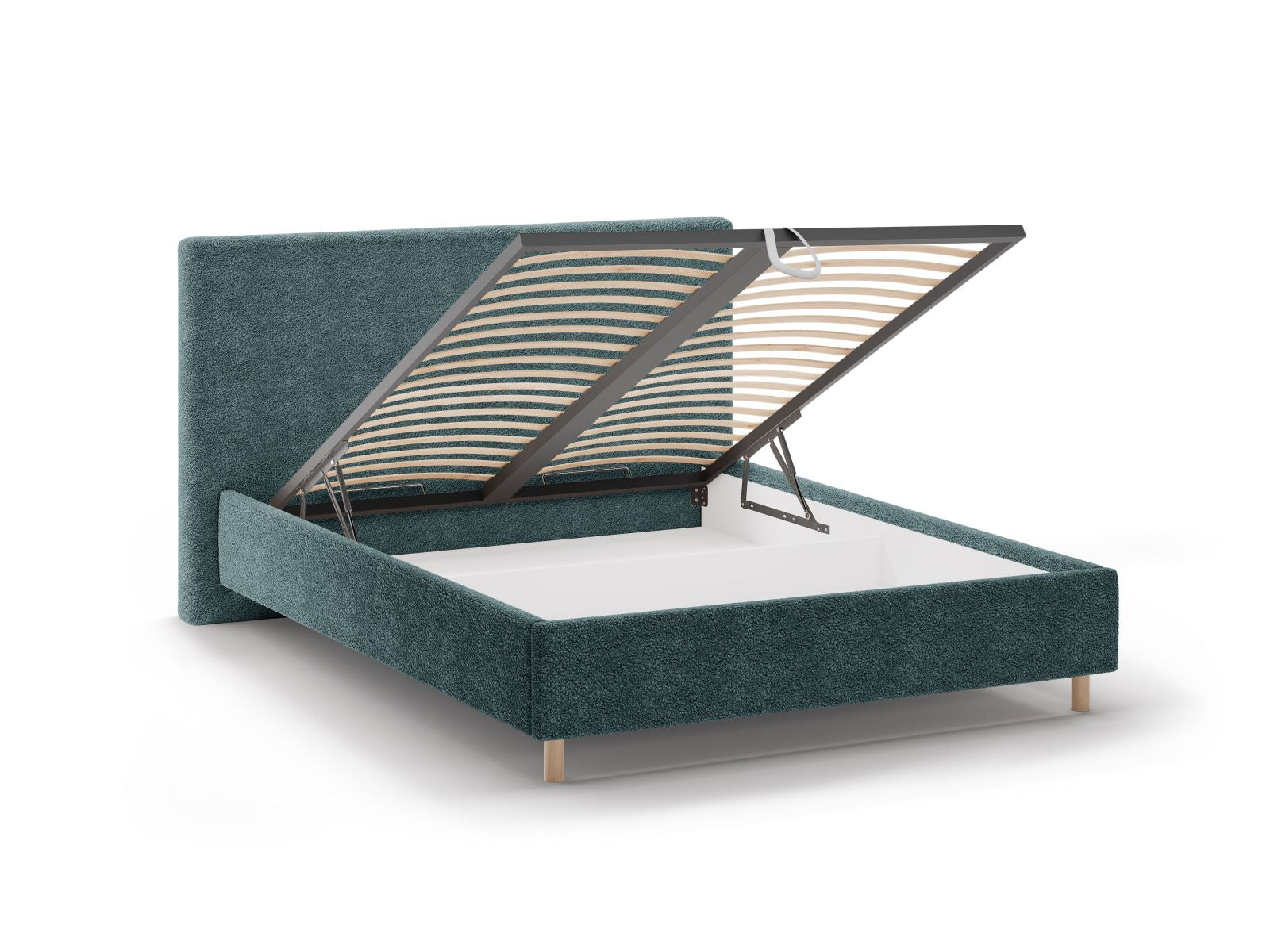 Stylisches Eloise Bett in Petrol mit großzügigem Stauraum und modernem Kopfteil, perfekt für eine elegante Schlafzimmergestaltung.