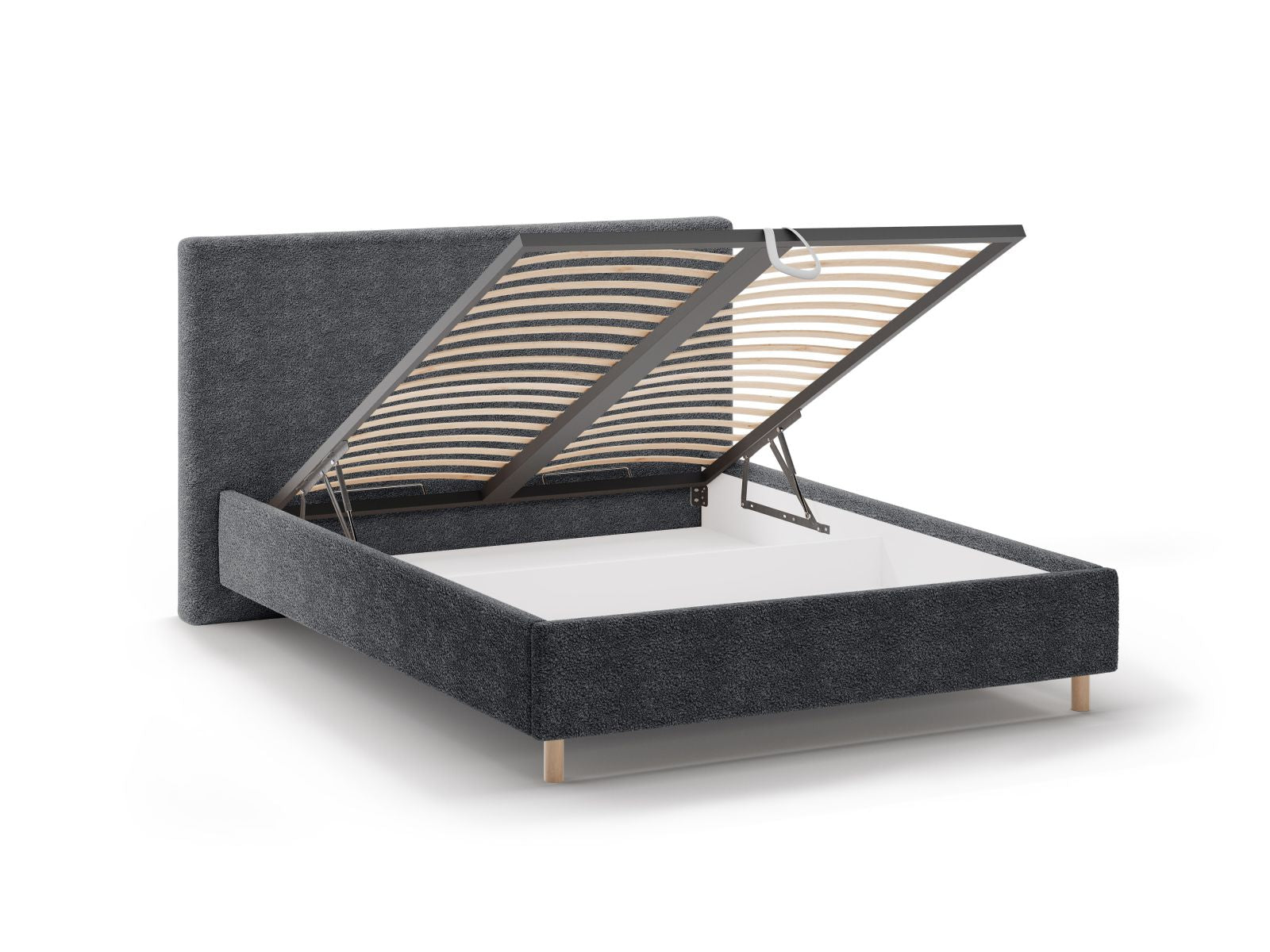 Stylisches Eloise Bett in Dunkelgrau, ausgestattet mit praktischem Stauraum und einem ansprechenden Kopfteil, perfekt für zeitgemäße Schlafzimmer.