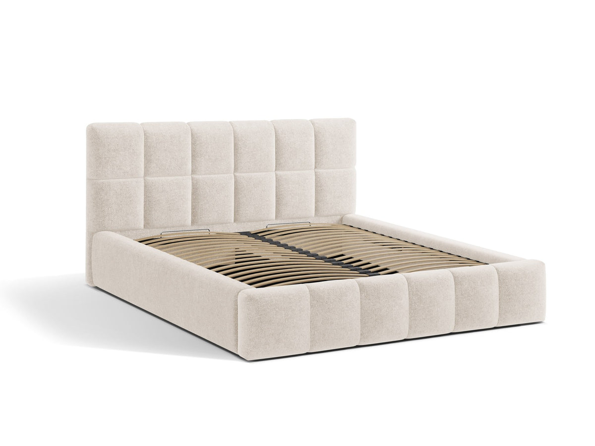 Polsterbett Bellis mit gepolstertem Kopfteil in Leichtes Beige, Stoff Eden, Gaslift-Bettkasten und schwarzen Kunststoffbeinen.