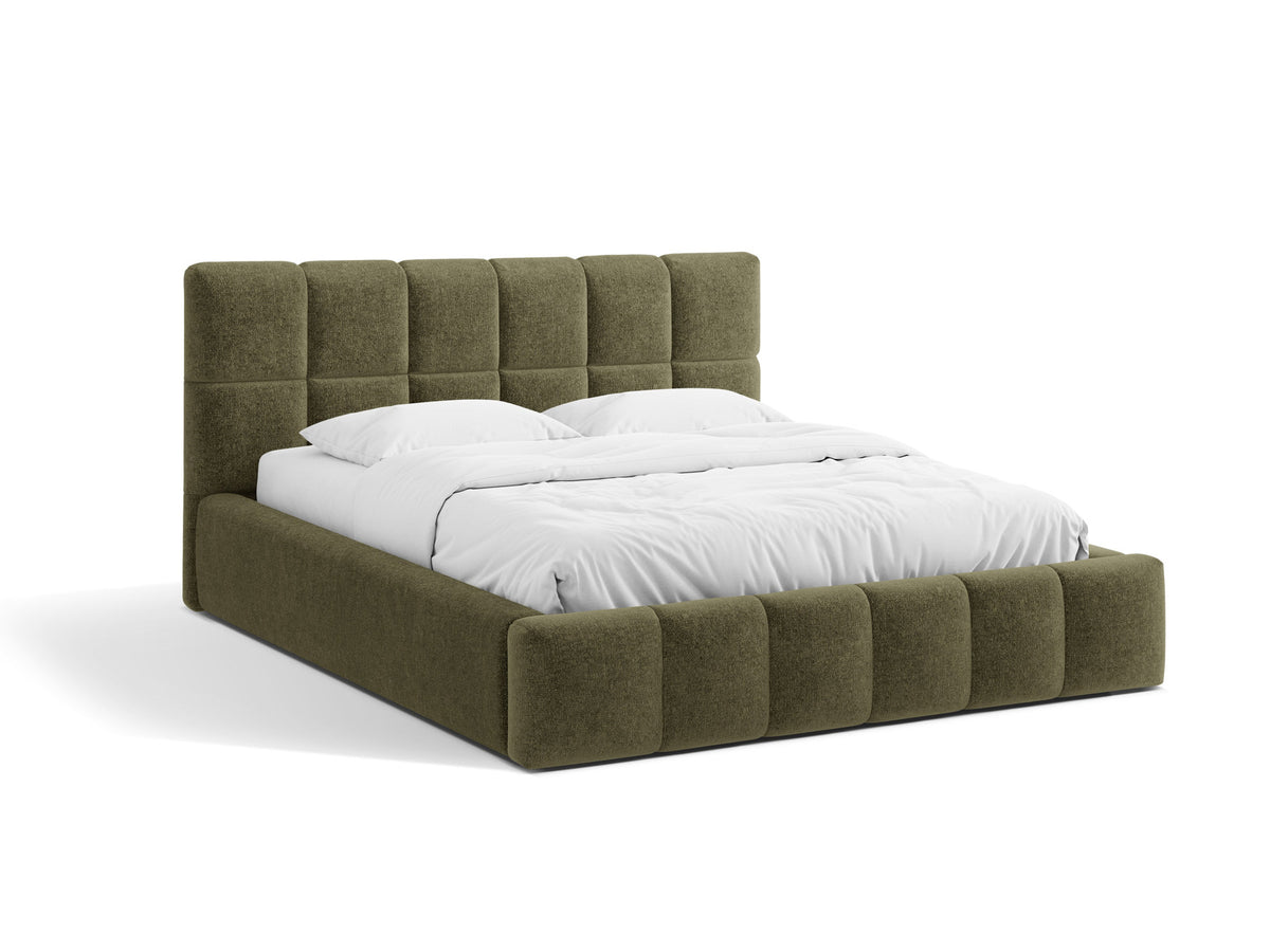 Polsterbett Bellis mit gepolstertem Kopfteil in Leichtes Beige, Stoff Eden, Gaslift-Bettkasten und schwarzen Kunststoffbeinen.