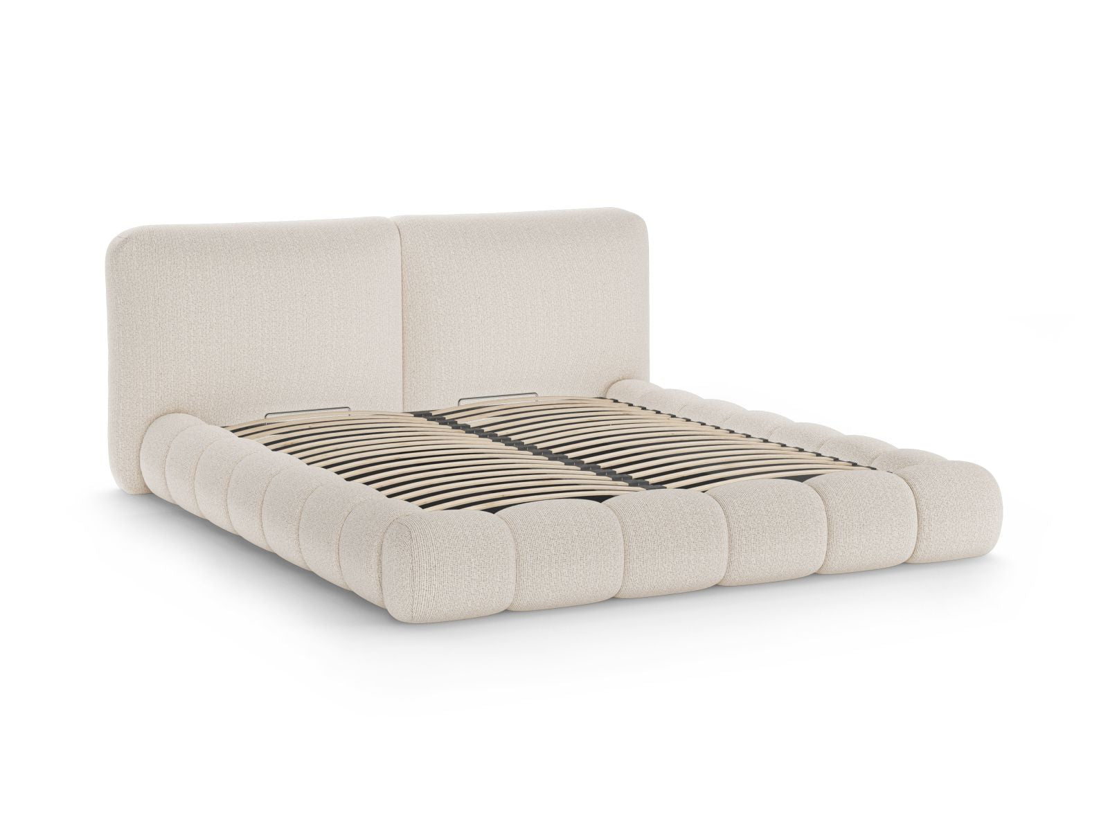 Elegantes Solange Bett in hellem Beige, 180 cm Kopfteil, bietet praktischen Stauraum und verleiht jedem Schlafzimmer einen modernen Touch.