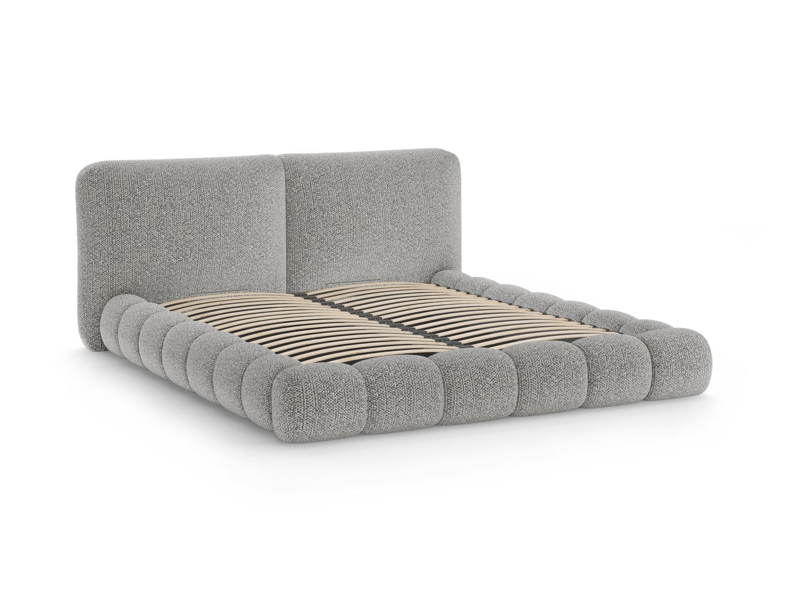Elegantes Solange Bett mit 180 cm Breite, funktionalem Stauraum und stilvollem Kopfteil in Grau, ideal für moderne Schlafzimmer.