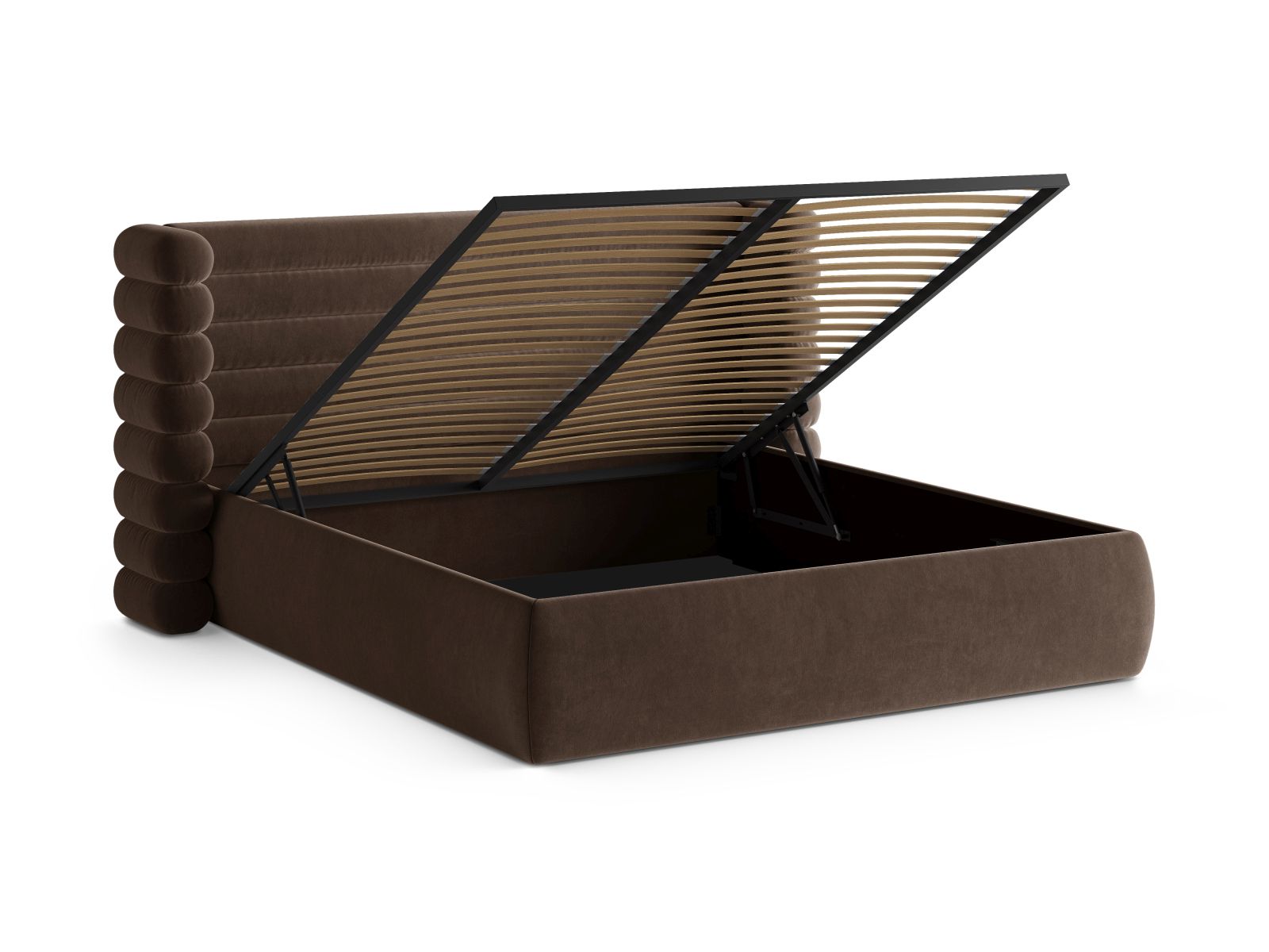 Modernes Mount Bett mit 180 cm Breite, praktischem Stauraum und geschmackvollem Kopfteil in Chocolate-Salvador, perfekt für stilvolle Schlafzimmer.