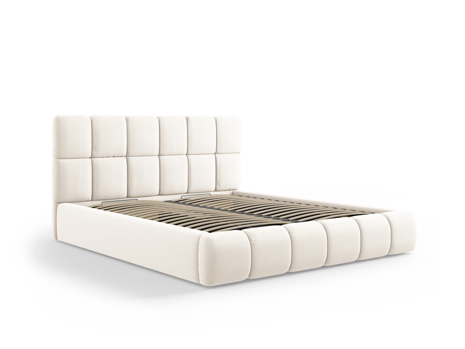 Stilvolles Bellis Velour Bett in sanftem Beige, ausgestattet mit praktischem Stauraum und einem modernen Kopfteil für ein gemütliches Ambiente.